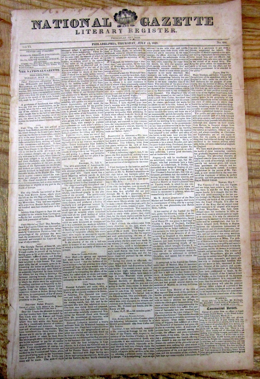 1825 newspaper OSAGE INDIANS CEDE LANDS to the US + 16 African-Americans drown