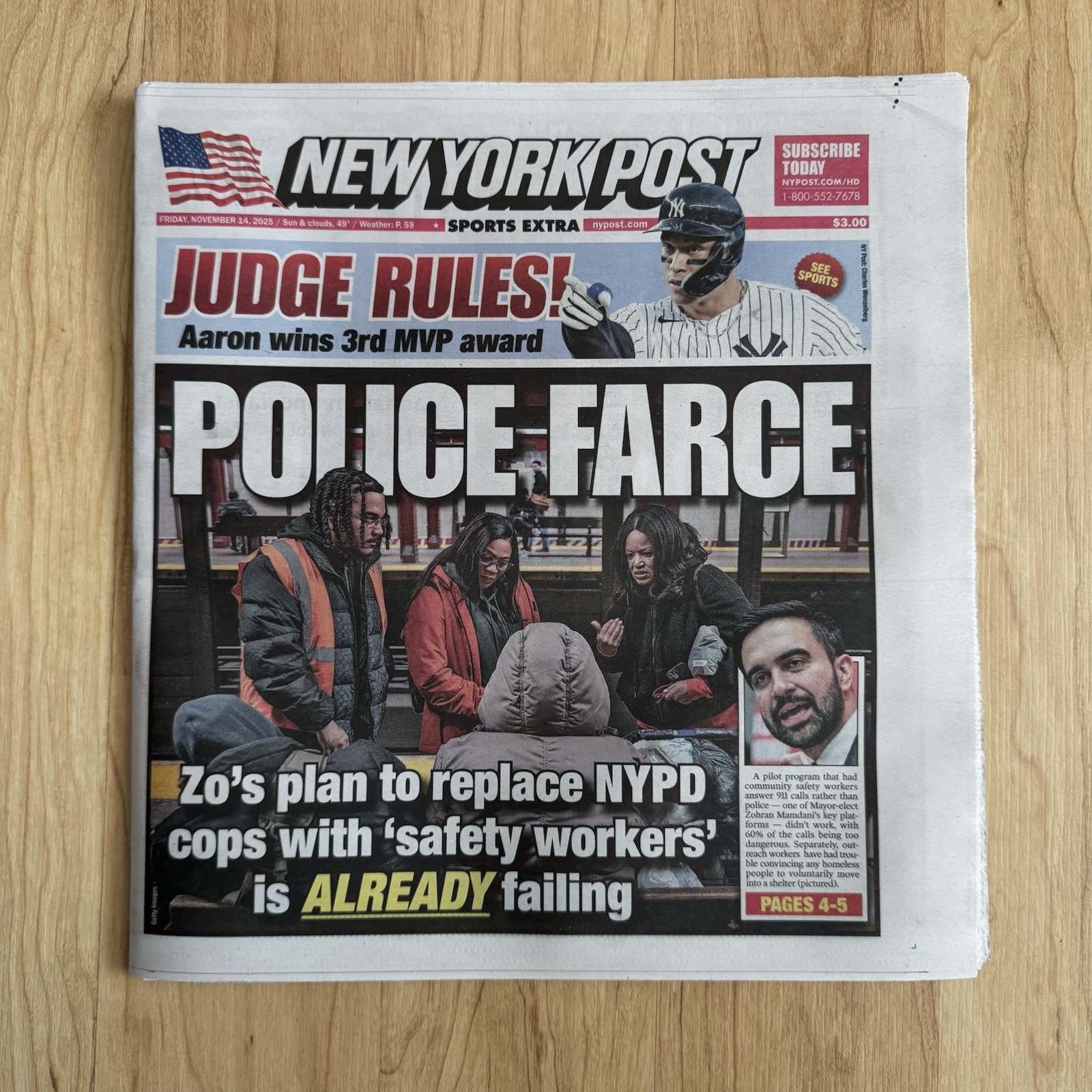 11/14/2025 NEW YORK POST MV3 AARON JUDGE MVP YANKEES NEWSPAPER NY COVER BASEBALL