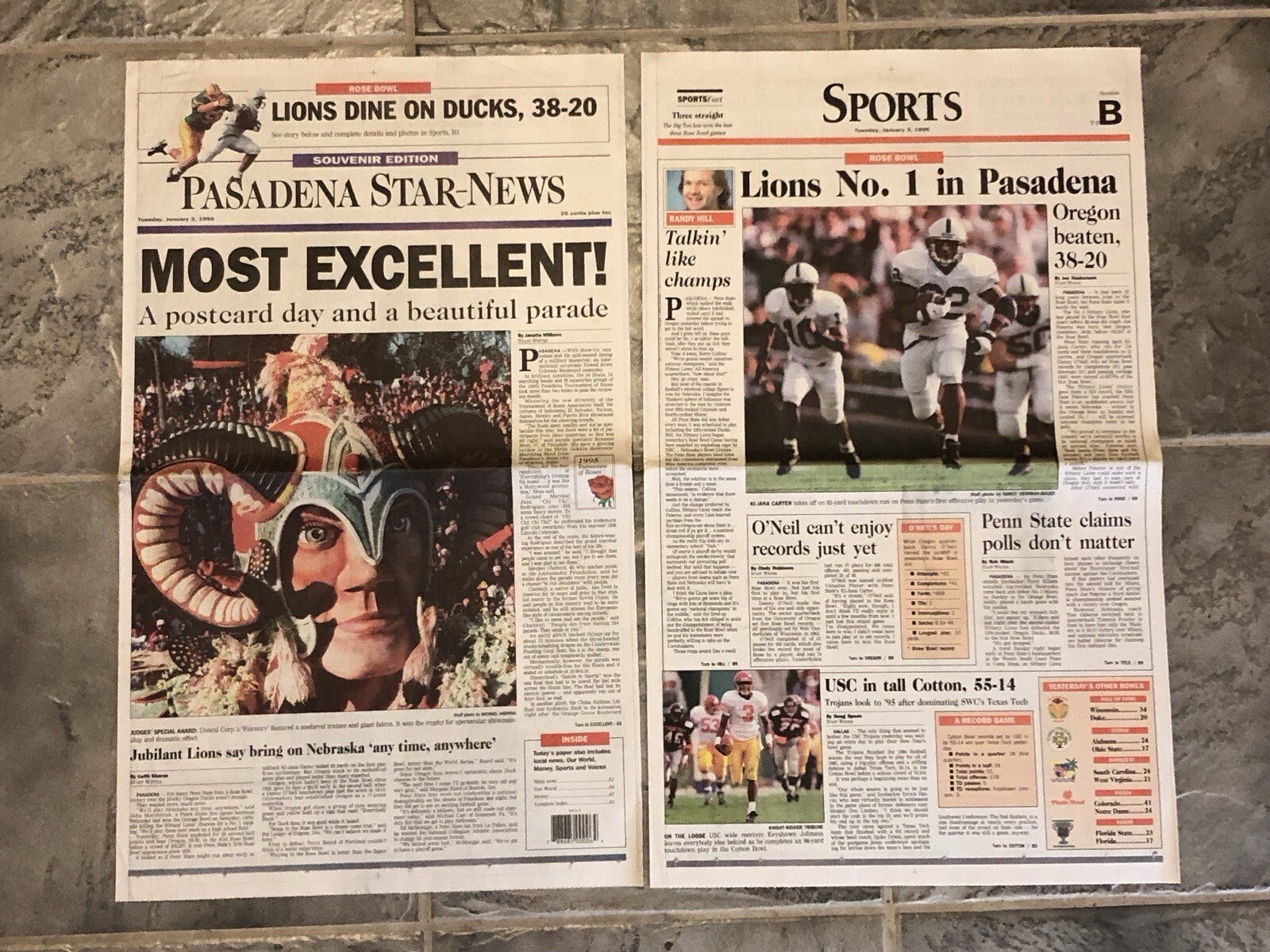 1995 Penn State Nitny Lions Football Newspaper. Rose Bowl Victory