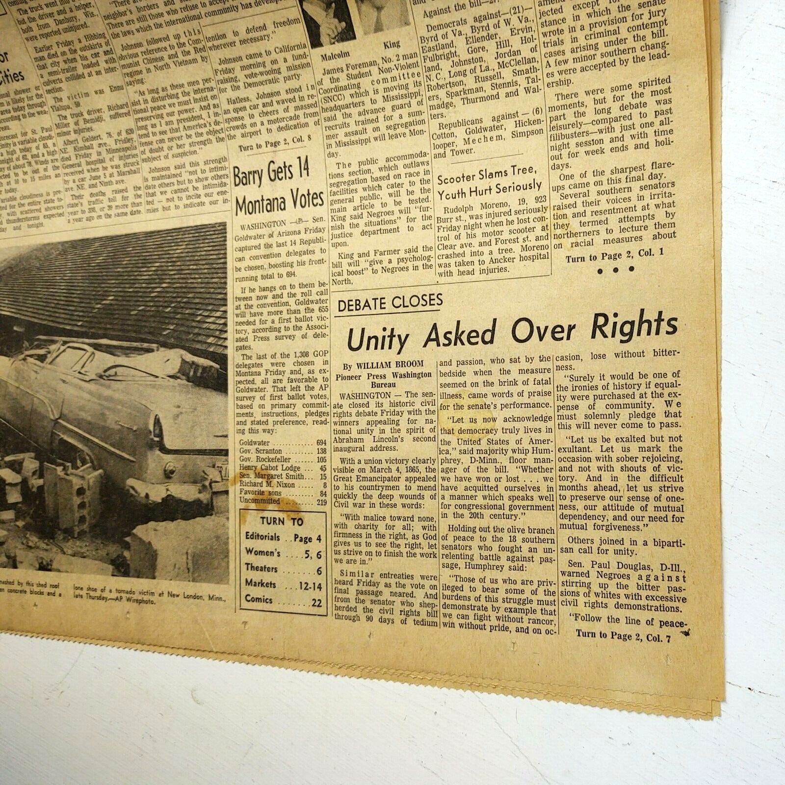 Vintage Newspaper 1964 Edward Kennedy Plane Crash + MLK To Test Rights Bill