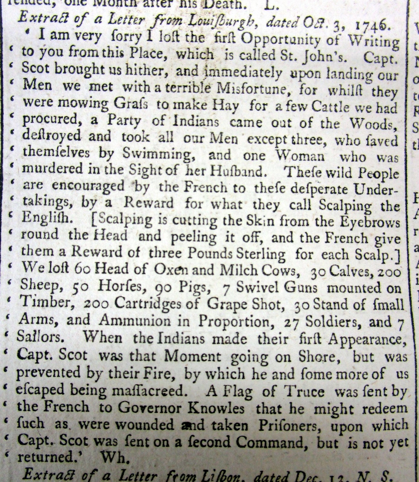 1747 newspaper 3rd FRENCH & INDIAN WAR at St Johns NEWFOUNDLAND Canada LOUISBURG