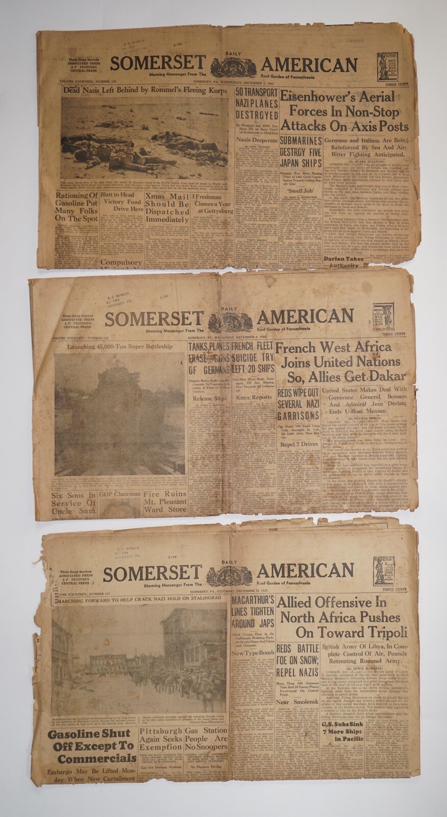 Lot of 3 Somerset Daily American WWII-era 1940s (18”x11.25”) Fragile