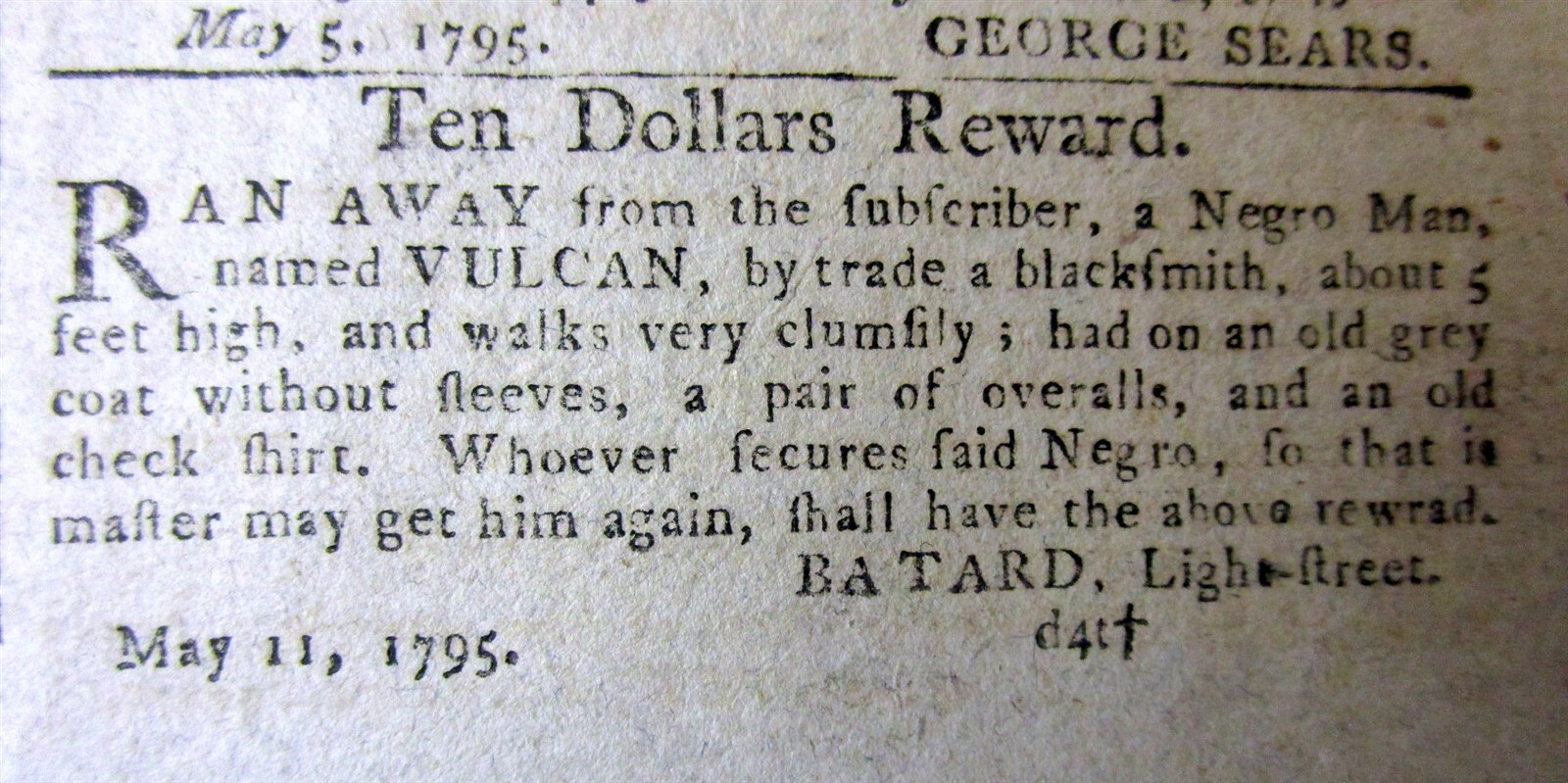 1795 Baltimore MARYLAND newspaper with a RUNAWAY NEGR0 SLAVE REWARD AD