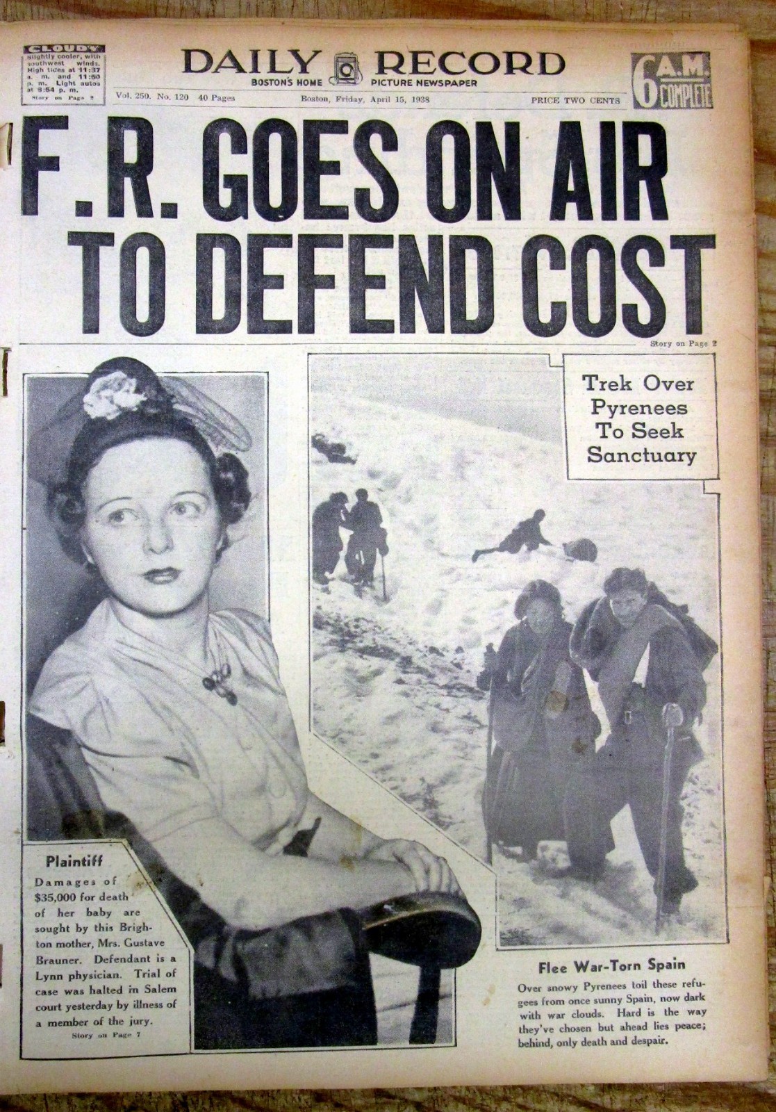 1938 newspaper PRESIDENT FRANKLIN D ROOSEVELT SPEECH defends COST ofTHE NEW DEAL