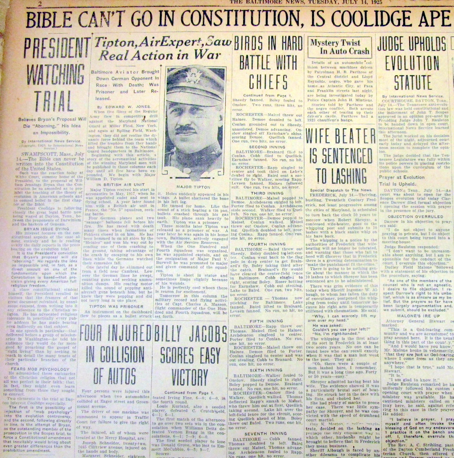 1925 newspaper SCOPES “Monkey” TRIAL in Dayton TENNESSEE on THEORY OF EVOLUTION