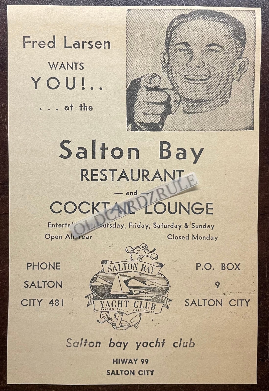 Original 60’s Newspaper Ad *SALTON CITY BAY YACHT CLUB, RESTAURANT & LOUNGE*