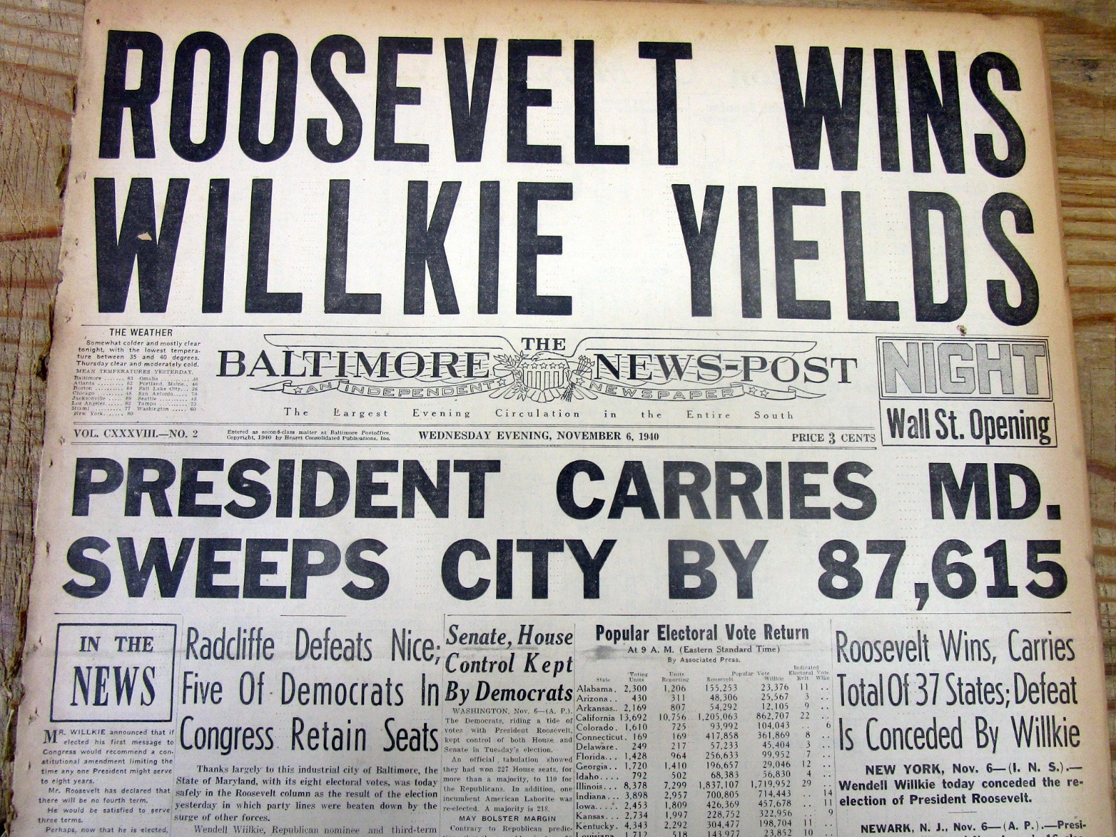 1940 hdlne newspaper FRANKLIN D ROOSEVELT RE-ELECTED US PRESIDENT for 3rd term