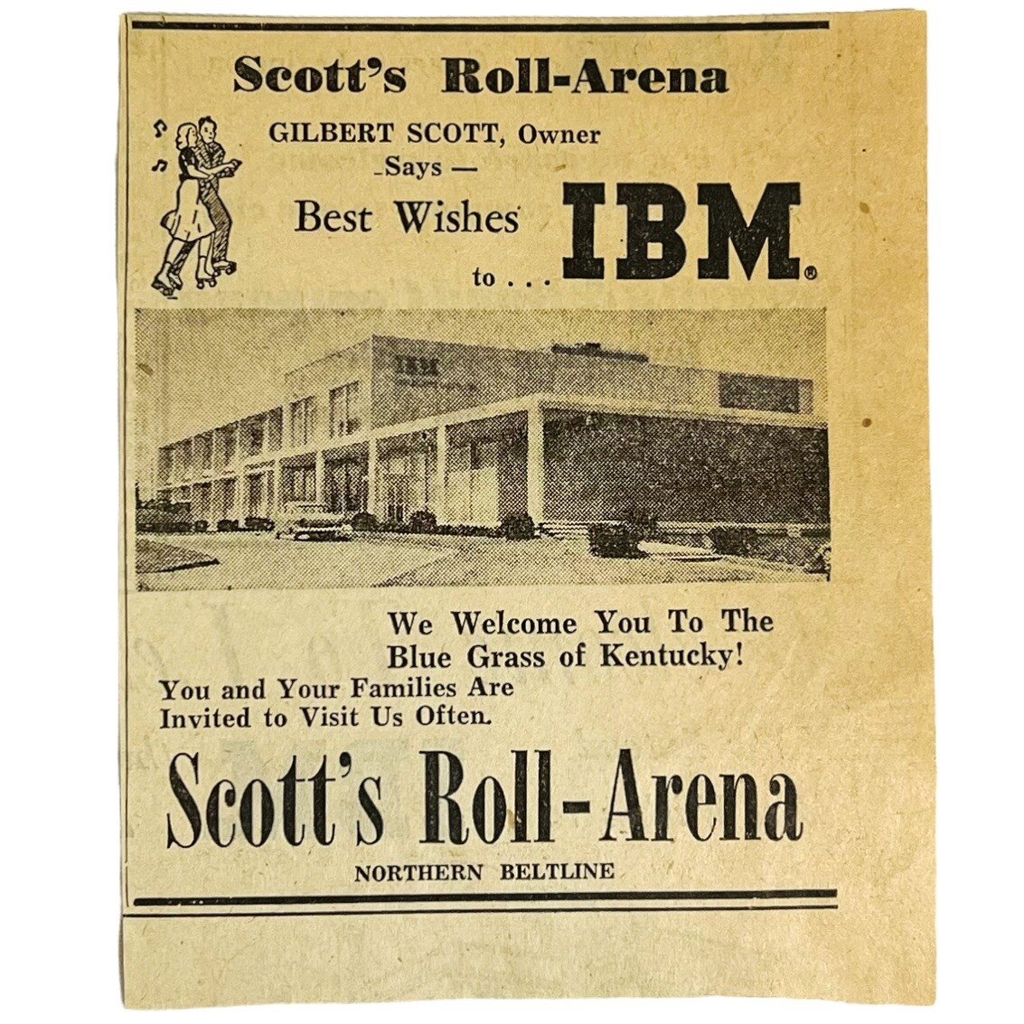 Vtg 1959 Lexington KY Newspaper Ad Scott’s Roll Arena Skating Rink Welcome IBM