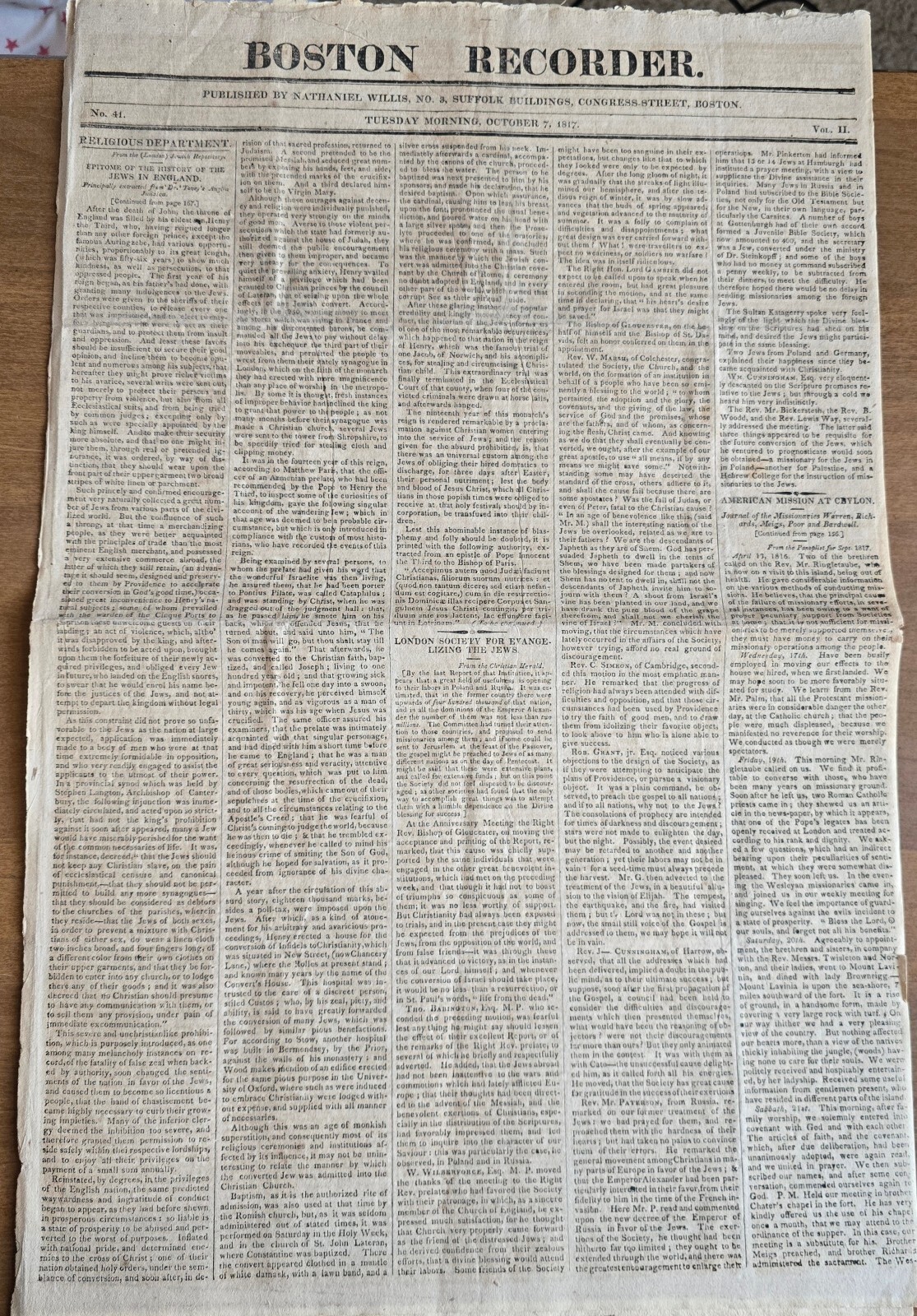 1817 Boston Recorder Newspaper – Slavery- branding slaves w/ iron, Religion, etc