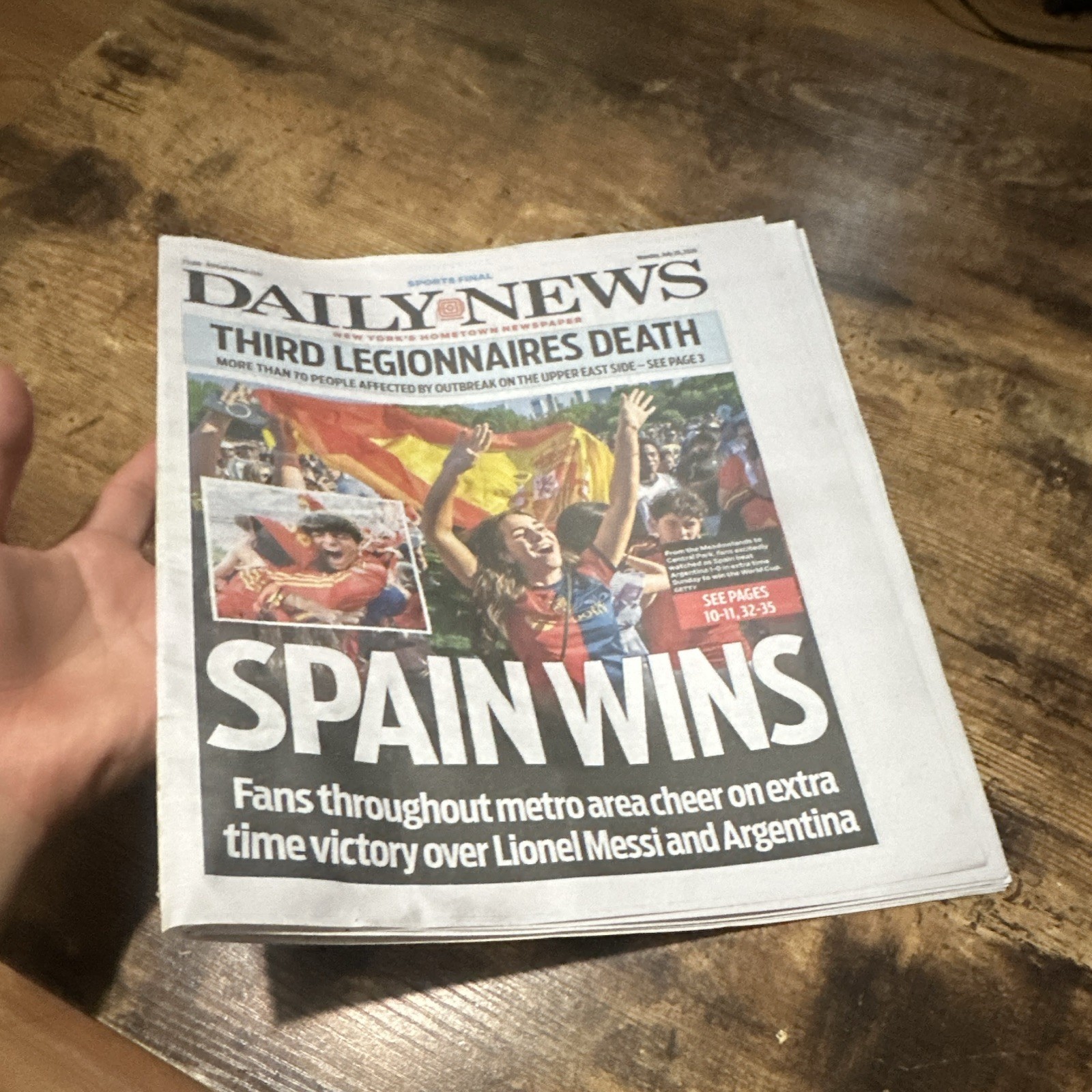 NYC Daily News Newspaper Spain Wins World Cup. Monday, July 20, 2026.