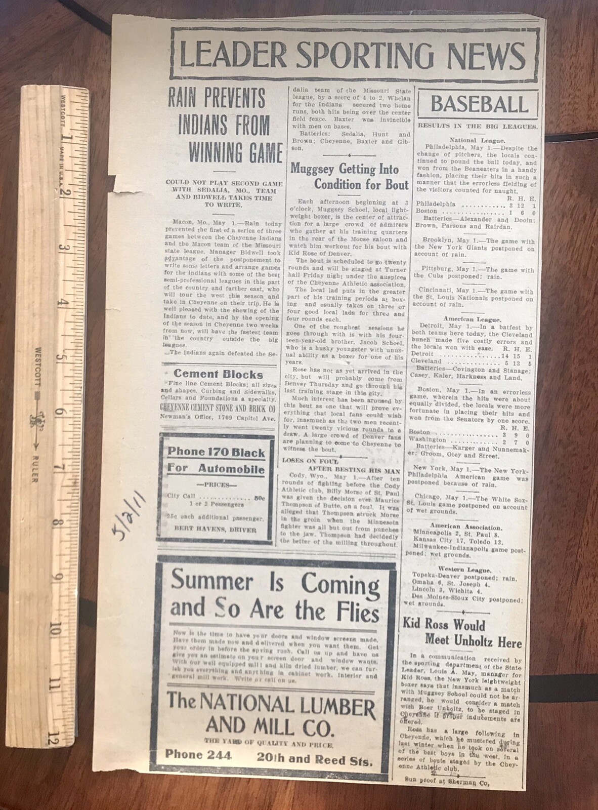 1911 Antique Sports Baseball Boxing Cheyenne Wyoming Newspaper Old Article Ads