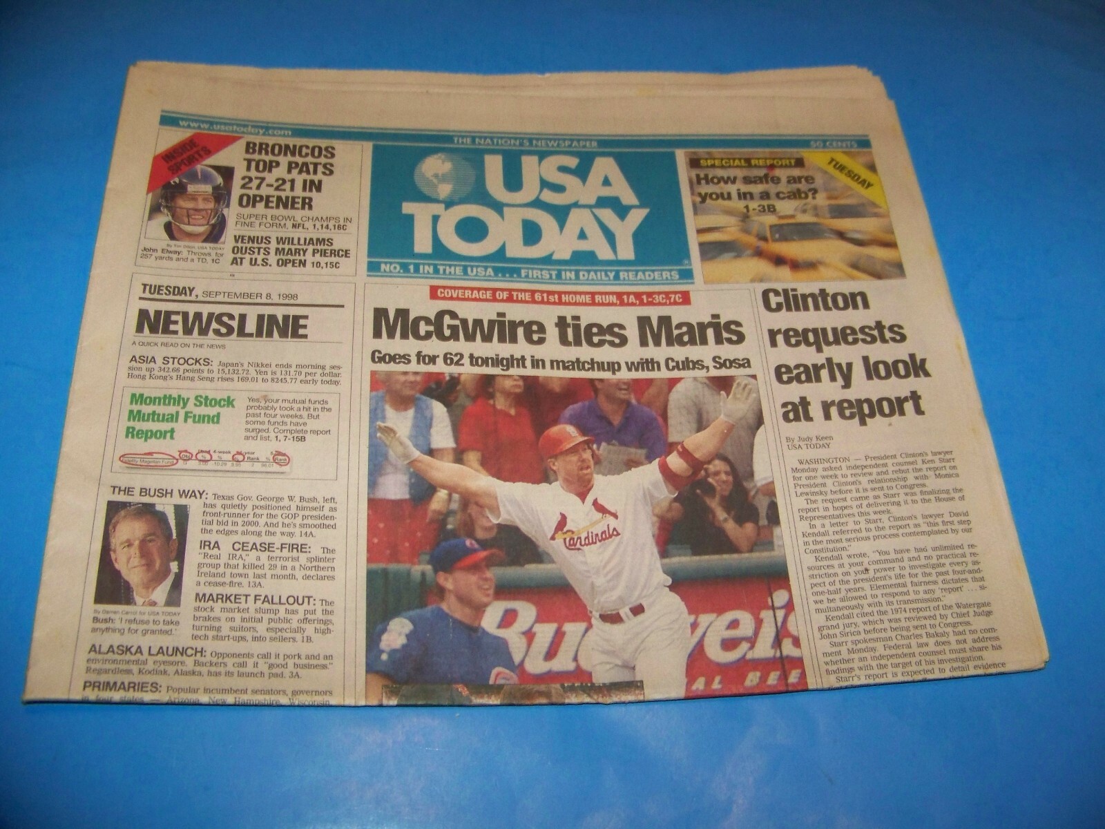 USA Today September 8, 1998, Mark McGwire ties Maris 61 (Only Section A)