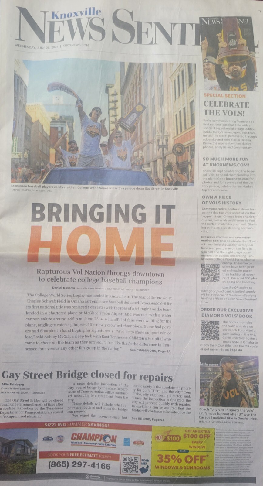 Tennessee Vols June 26 2024 Knoxville News Sentinel National Champions Newspaper