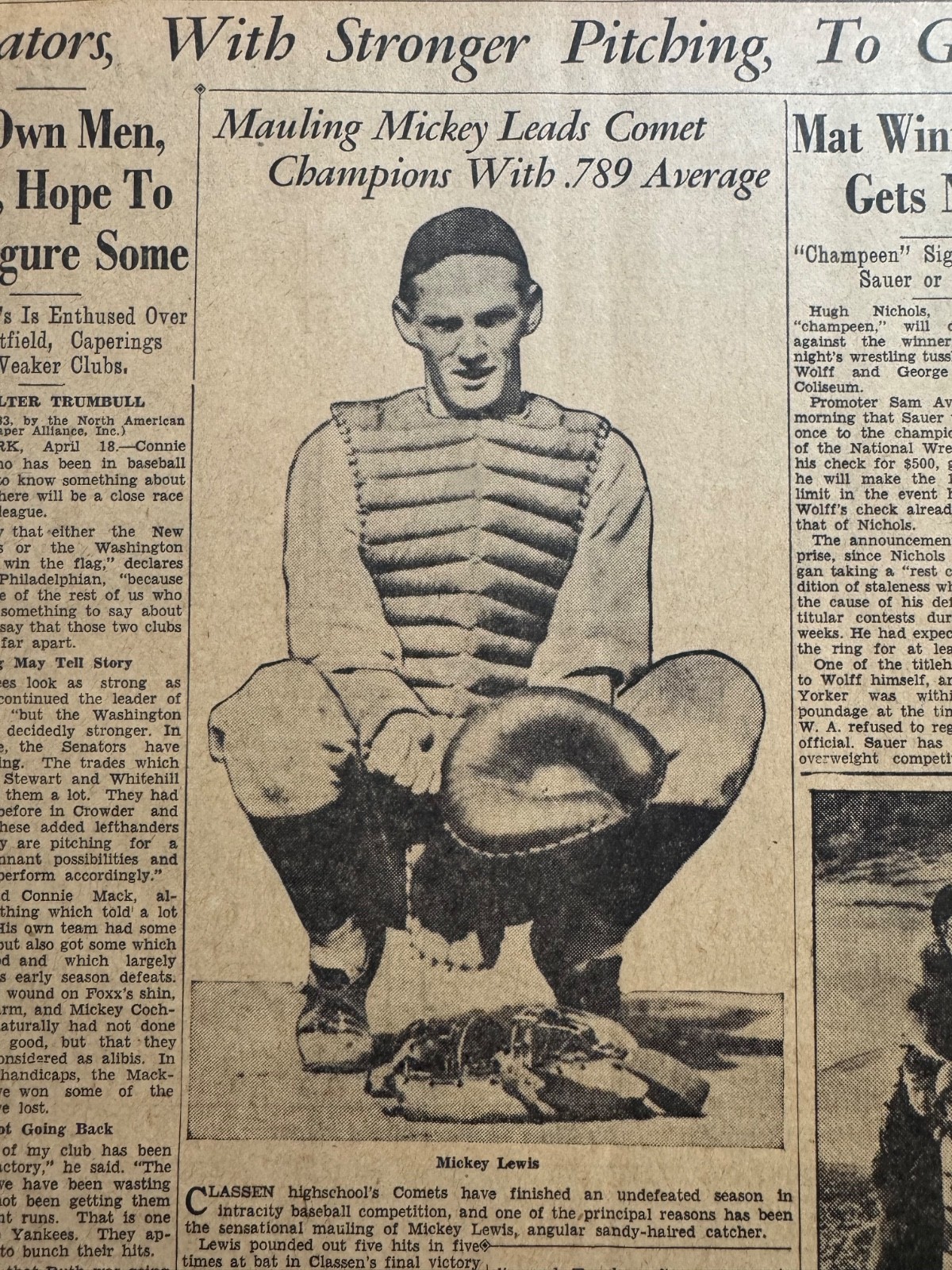 1933 CLASSEN HIGHSCHOOL OKLA. CITY MICKEY LEWIS BASEBALL PLAYER NEWSPAPER PAGE