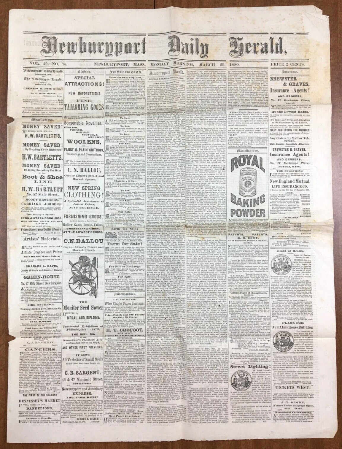 NEWSPAPER Newburyport Daily Herald March 29 1880 New Alms House Plans