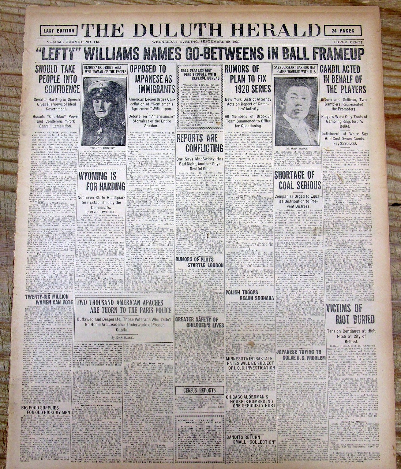 1920 hdln newspaper BLACK SOX BASEBALL WORLD SERIES SCANDAL Shoeless Joe Jackson