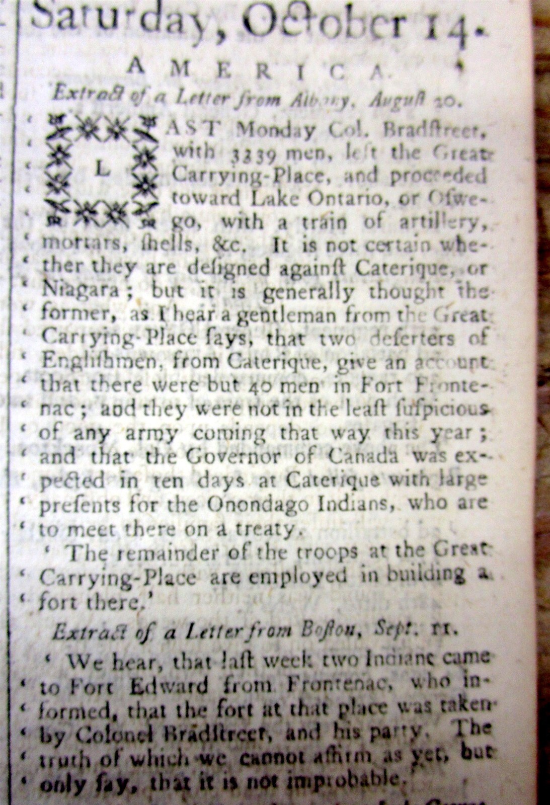 1758 FRENCH & INDIAN WAR newspaper FORT FRONTENAC CAPTURED Siege of Louisbourg