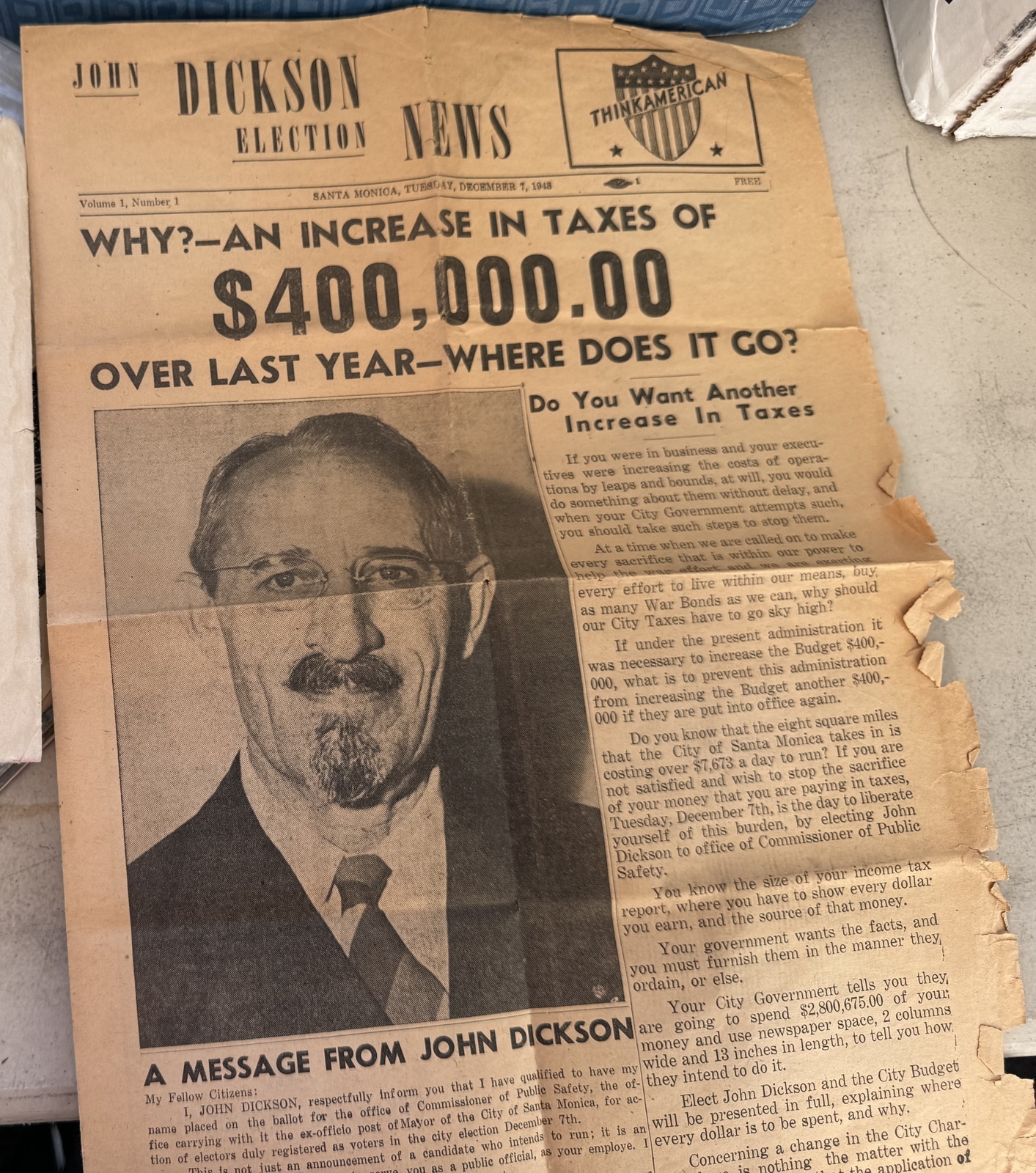 Vintage John Dickson Election News Vol.1 No.1 Dec. 7, 1948 Newspaper