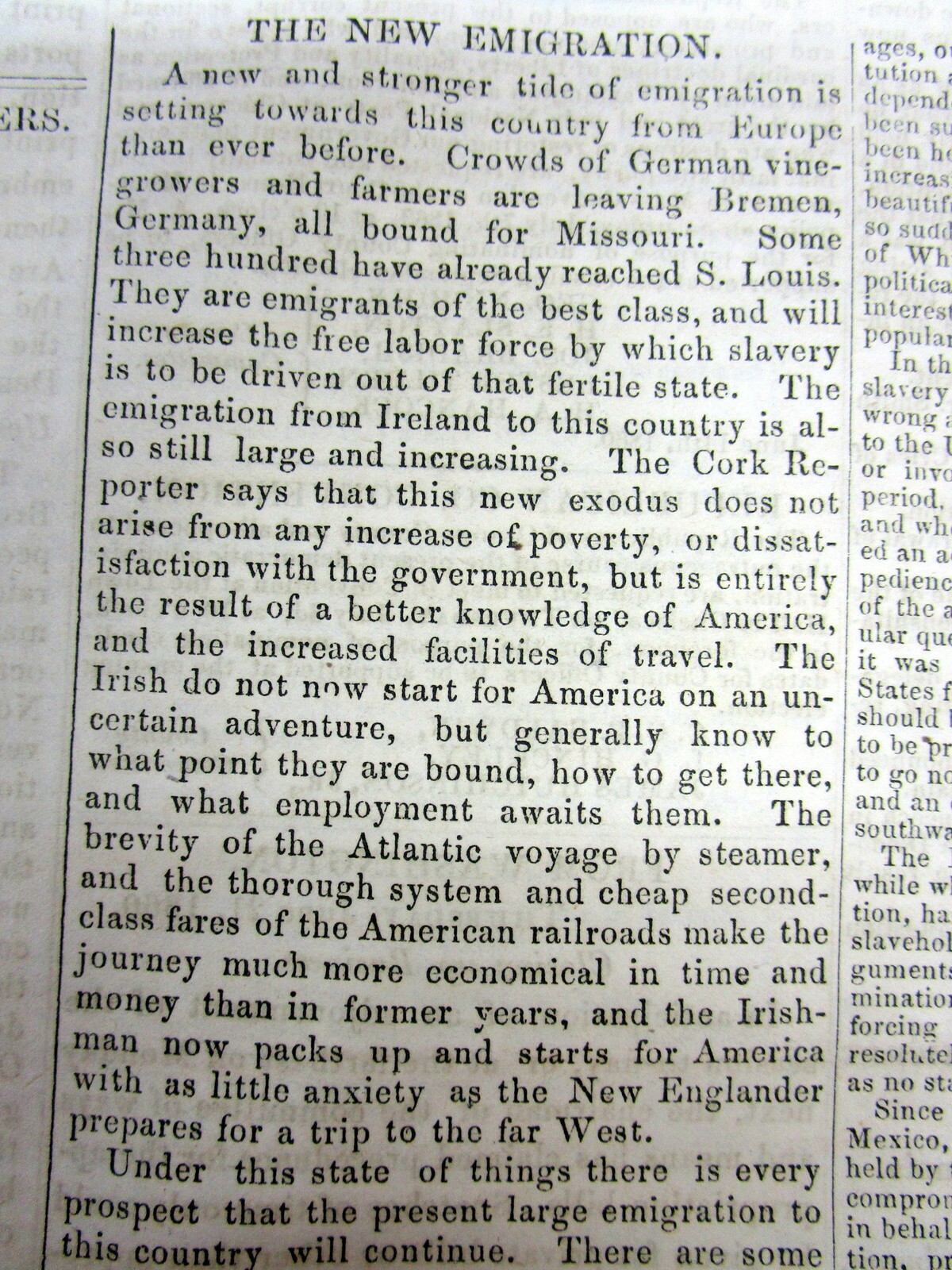 1860 newspaper w essay on PRE CIVIL WAR IMMIGRATION to US from GERMANY & IRELAND