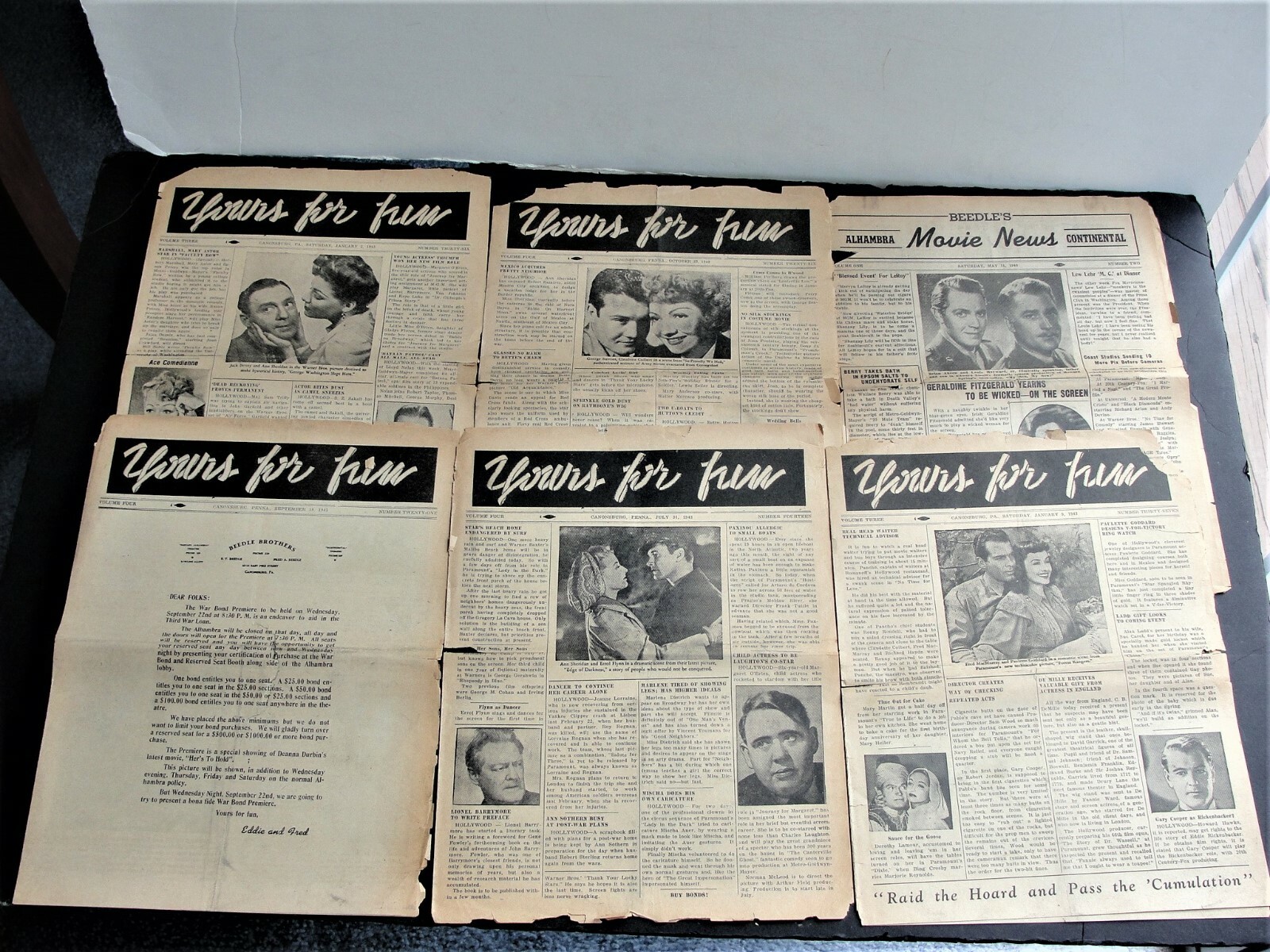 Vintage-Original 1940s Movie News & Ads.- Newspaper Set of (6). RARE.
