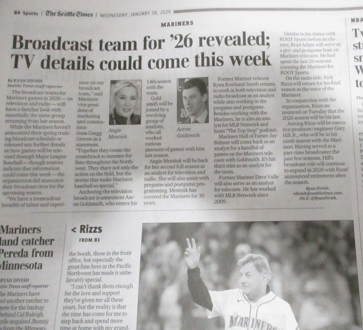 SEATTLE MARINERS 1/28/2026 NEWSPAPER RICK RIZZS ANOUNCER RETIREMENT HOLY SMOKES!
