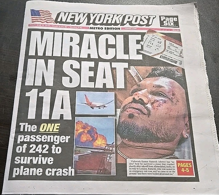 New York Post Friday, June 13, 2025 Plane Crash Kodai Senga