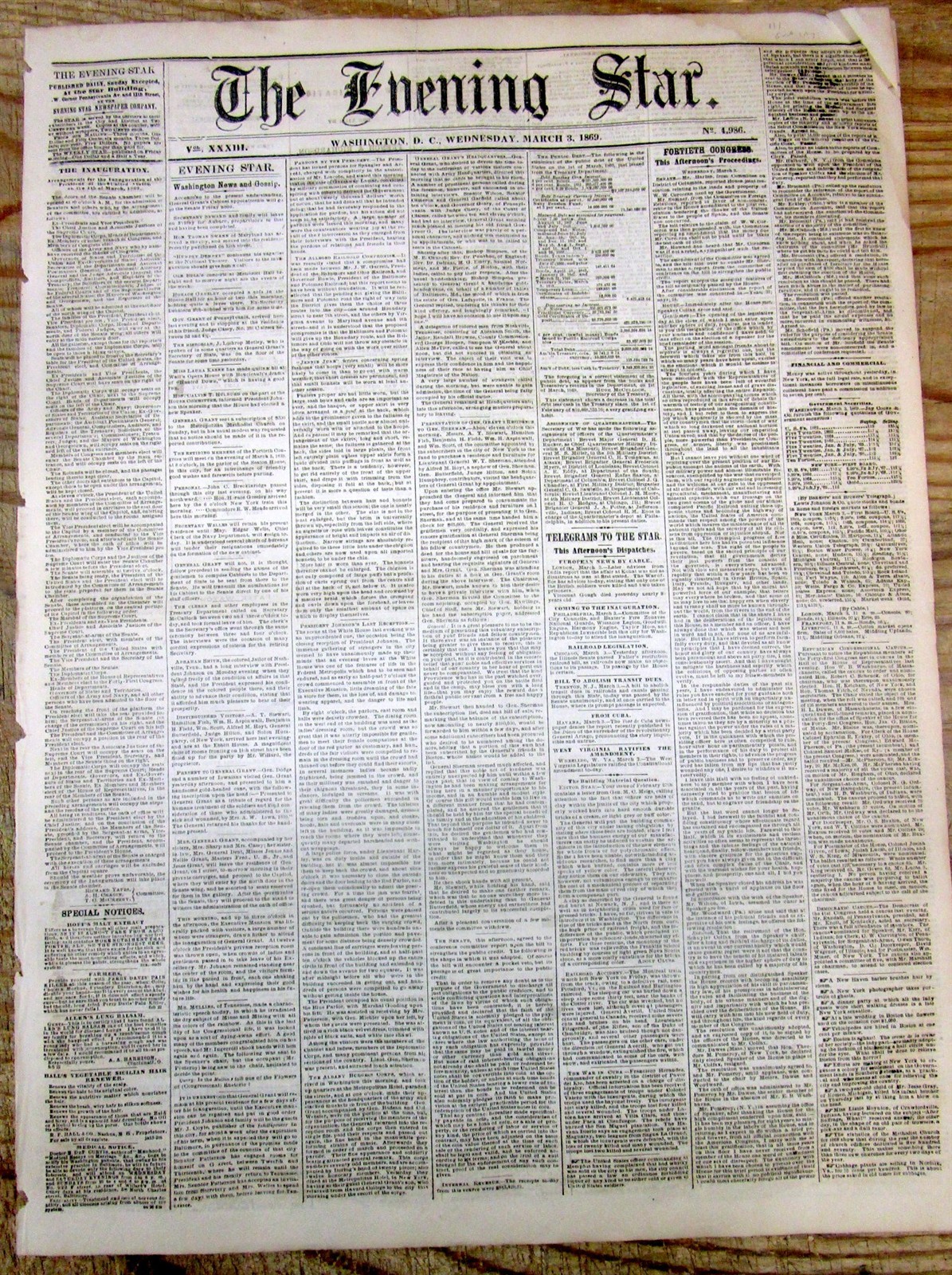 Best 1869 Washington DC newspaper INAUGURATION of PRESIDENT ULYSSES S GRANT