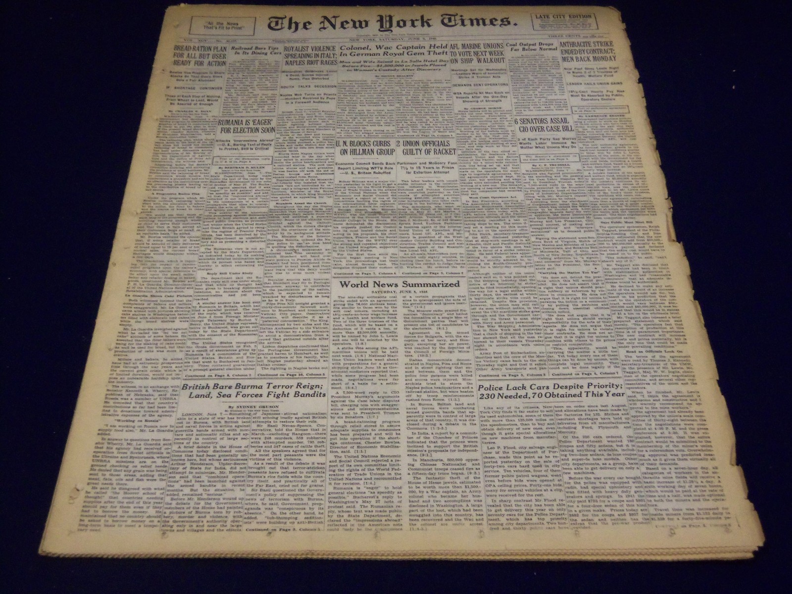 1946 JUNE 8 NEW YORK TIMES NEWSPAPER – ANTHRACITE STRIKE ENDED – NT 2697
