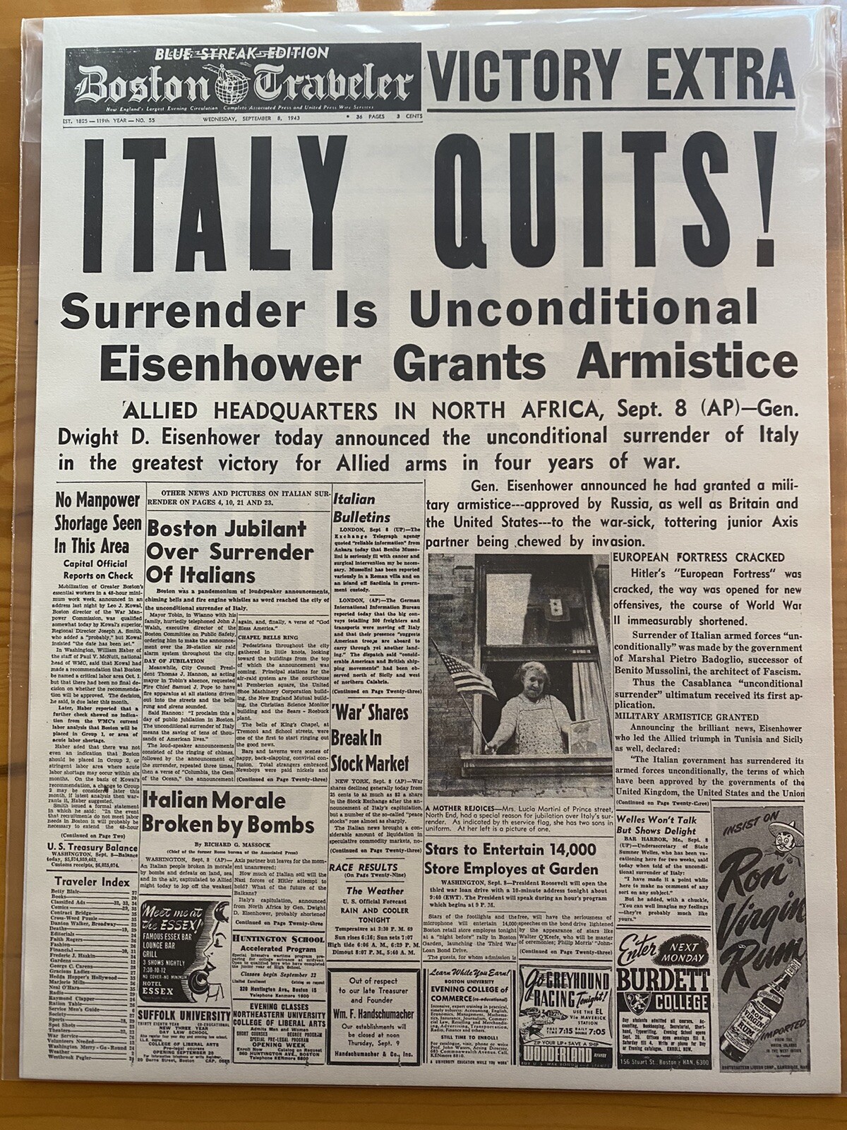 VINTAGE NEWSPAPER HEADLINE ITALY QUITS UNCONDITIONAL SURRENDER WWII VICTORY 1943