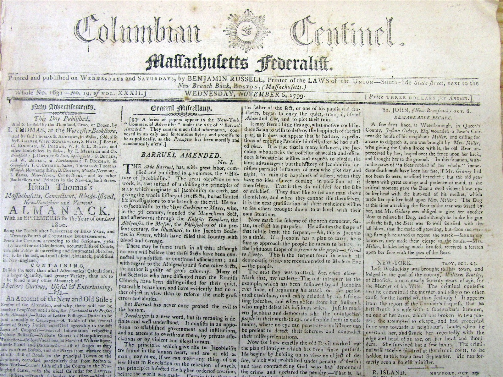 1799 COLUMBIAN CENTINEL 18th Century BOSTON MASSACHUSETTS newspaper Local Ads