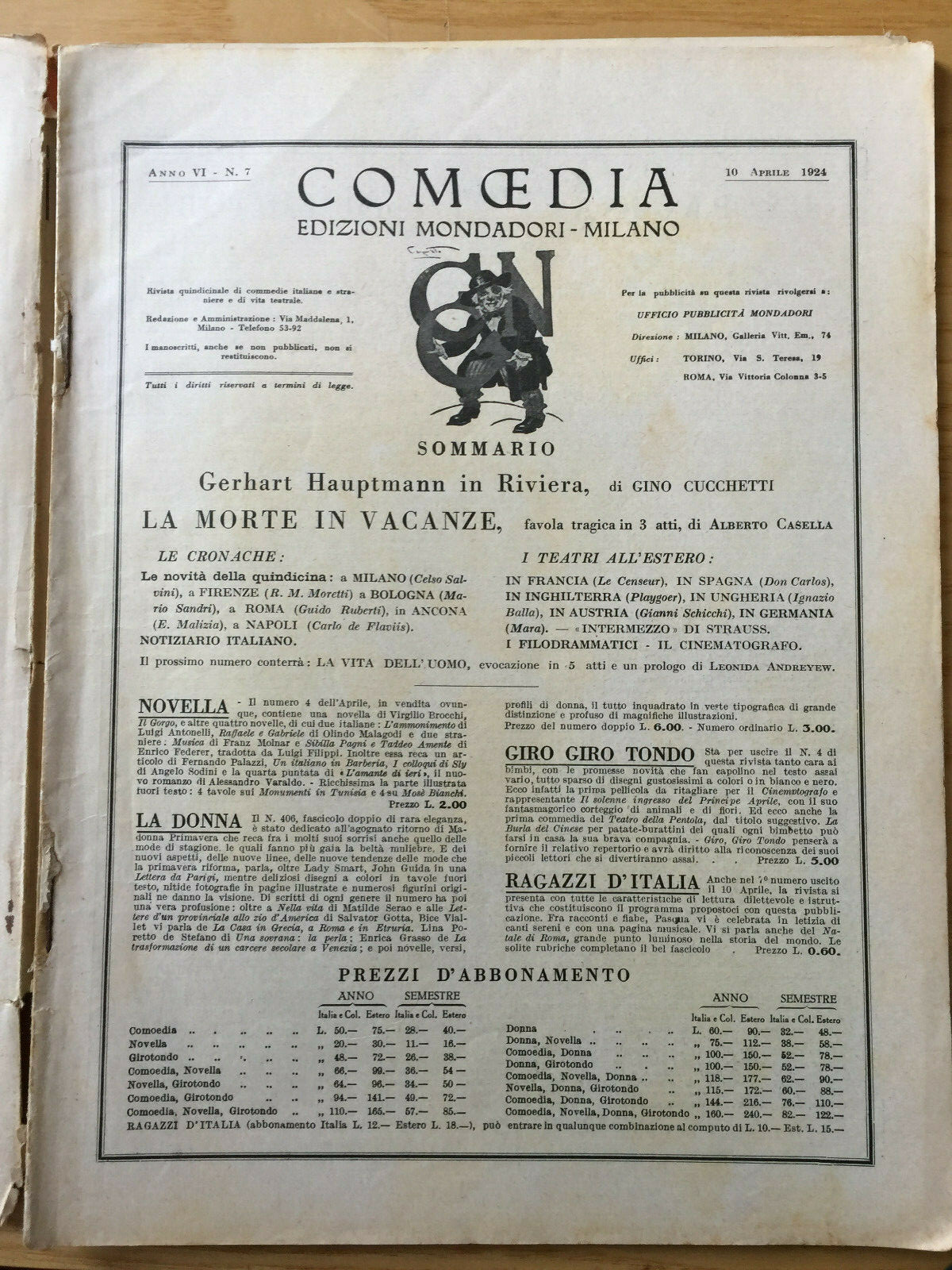 MONDADORI COMEDIA PERIODICO COMEDIA E VITA THEATRALE N° 7 1924 A. CASELLA 2/19
