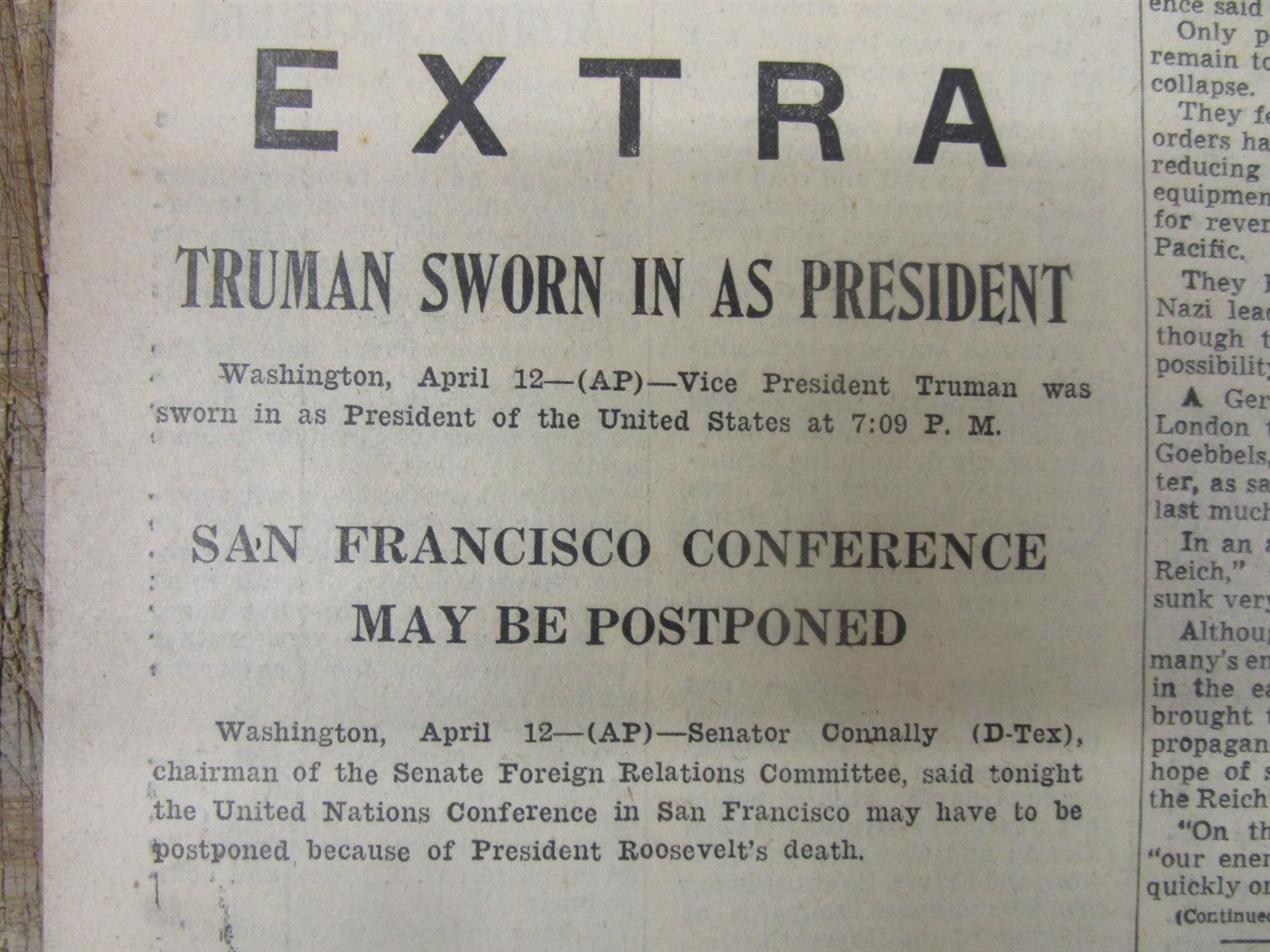 1945 newspaper “Extra” PRESIDENT FRANKLIN D ROOSEVELT DEAD Truman now President