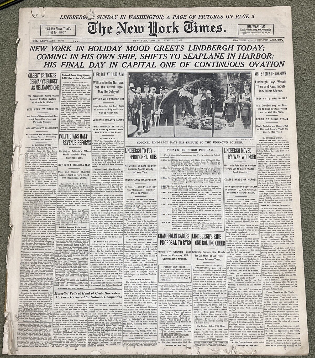 1927 JUNE 13 NEW YORK TIMES NEWSPAPER – NY IN MOOD GREETS LINDBERGH W/ 40 Pages!