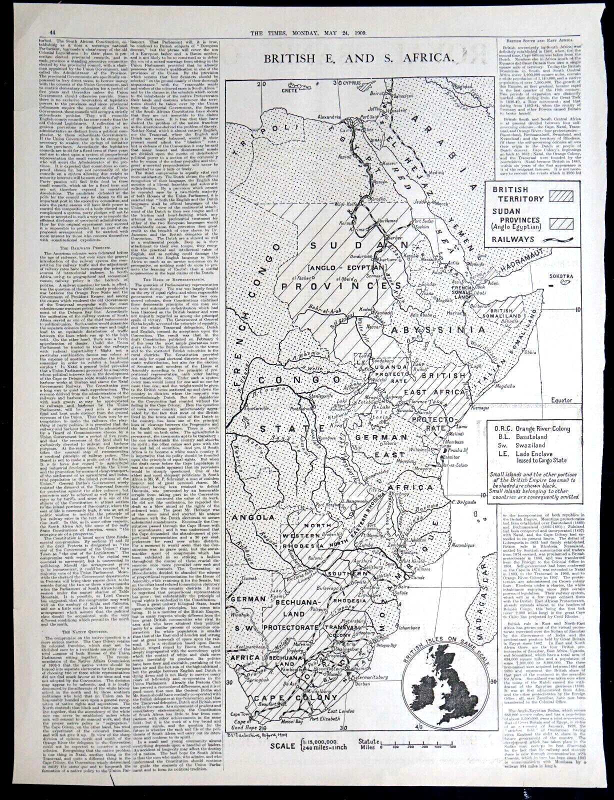 1909 United Kingdom London Times Newspaper Map of British East and South Africa