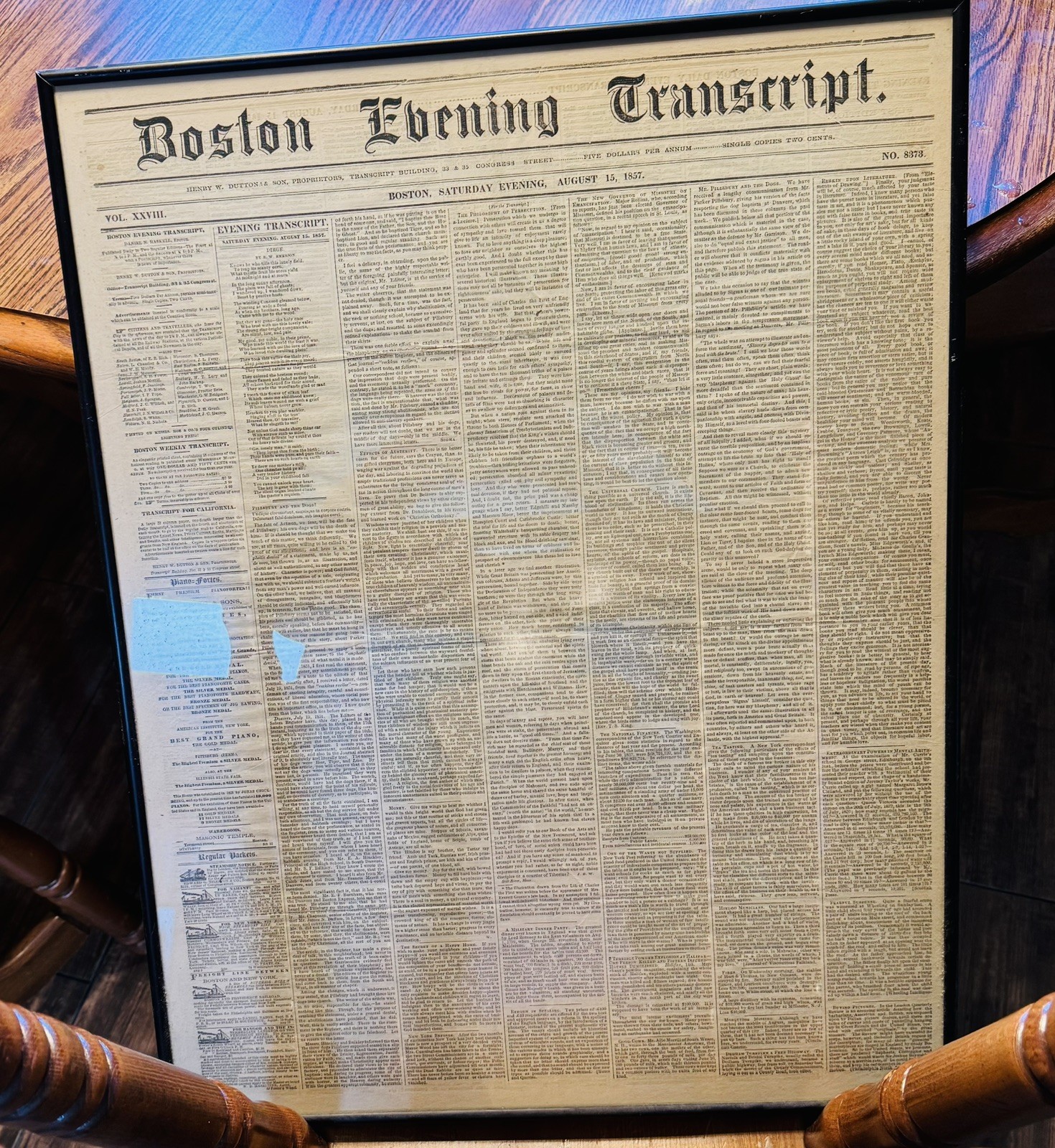 Framed Boston Evening Transcript/August 15, 1857/Pre Civil War Era