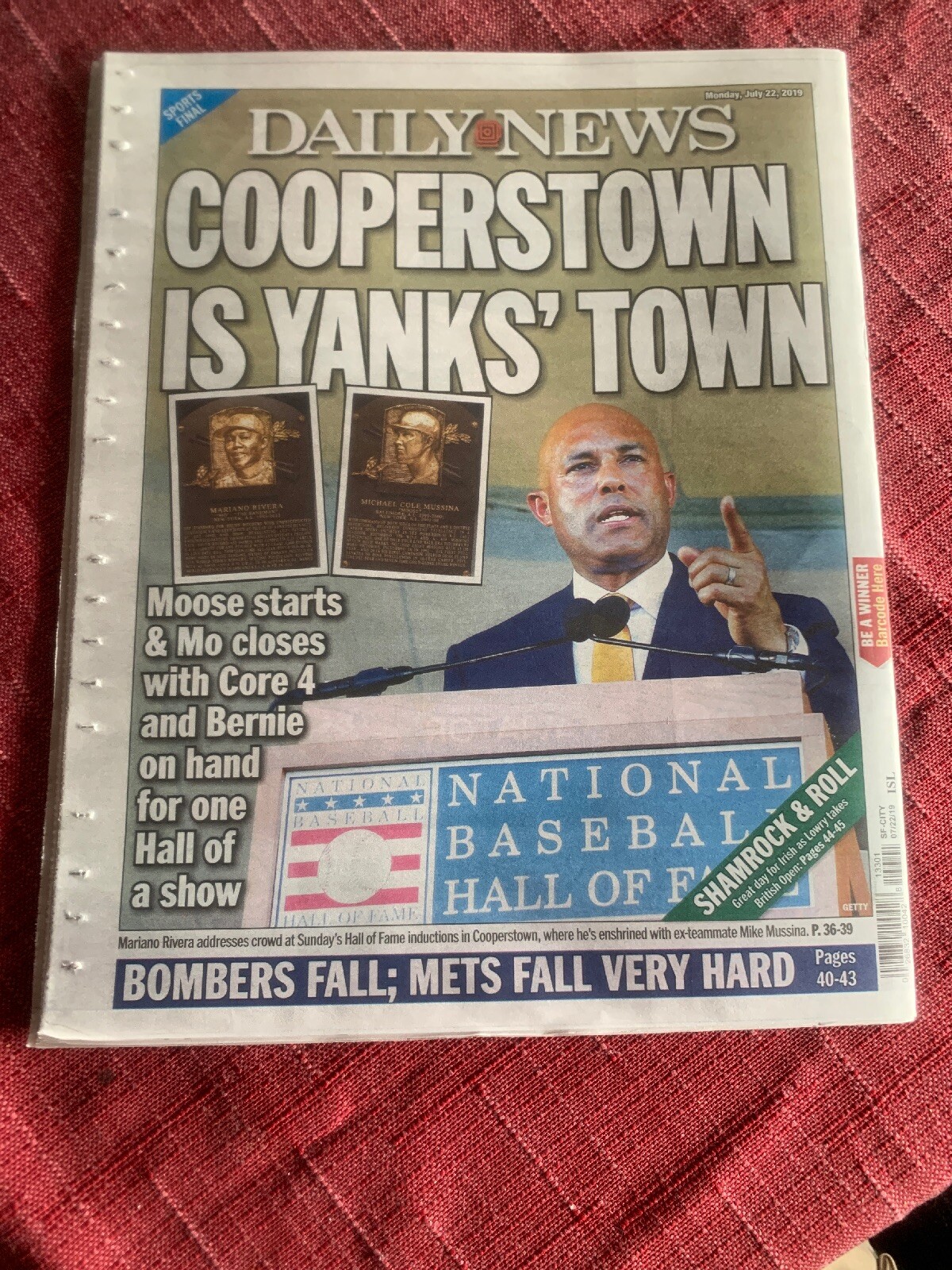 MARIANO RIVERA DAILY NEWS NEWSPAPER NY YANKEES HALL OF FAME INDUCTION 7/23/19