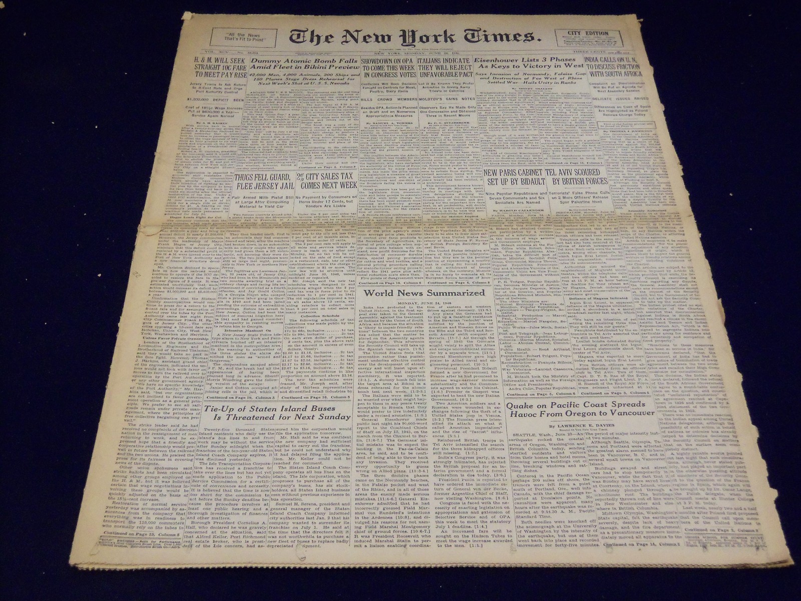 1946 JUNE 24 NEW YORK TIMES – DUMMY ATOMIC BOMB FALLS – NT 3130
