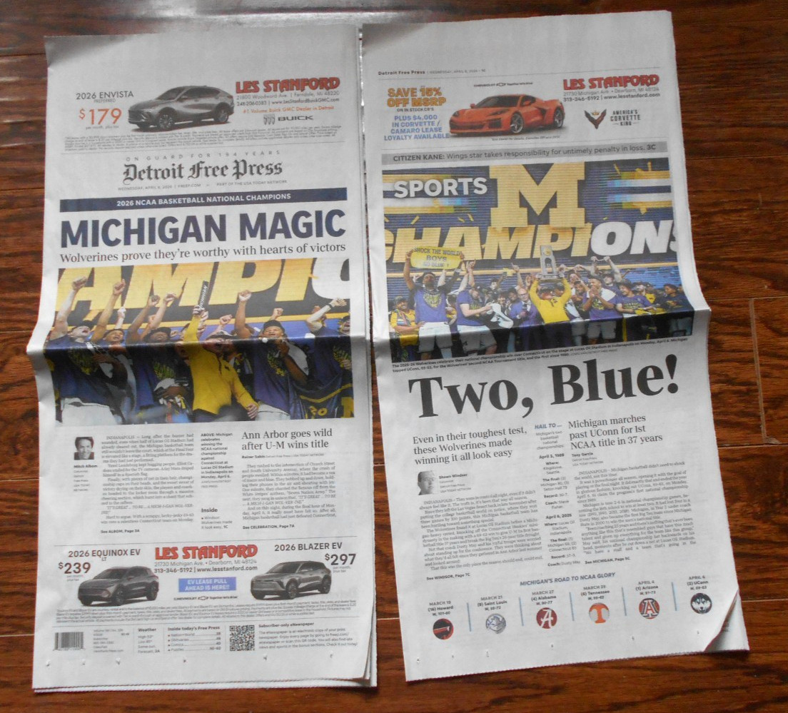 2026 National Championship Michigan Wolverines Basketball Newspaper Free Press
