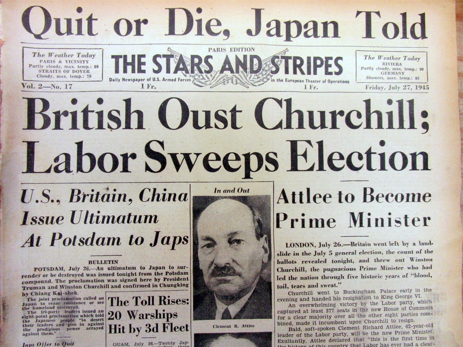 1945 Stars & Stripes WW II newspaper POTSDAM DECLARATION + CHURCHILL VOTED OUT