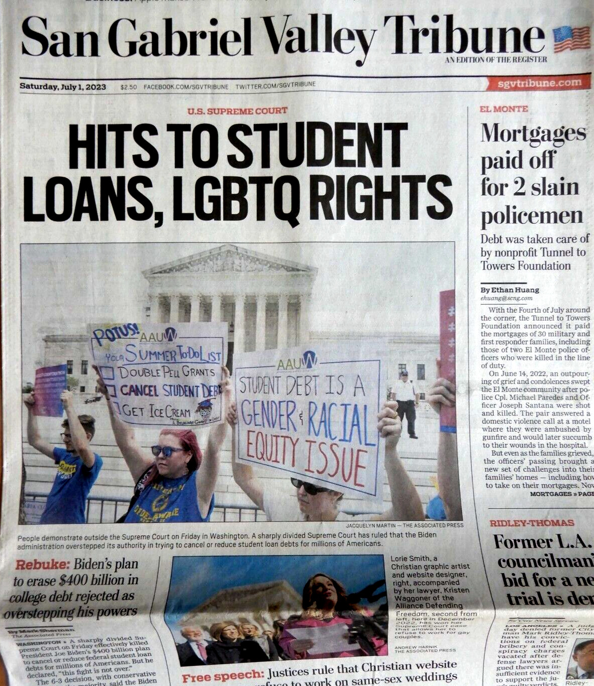 SAN GABRIEL VALLEY TRIBUNE NEWSPAPER July 1, 2023 STUDENT LOANS LGBTQ RIGHTS HIT