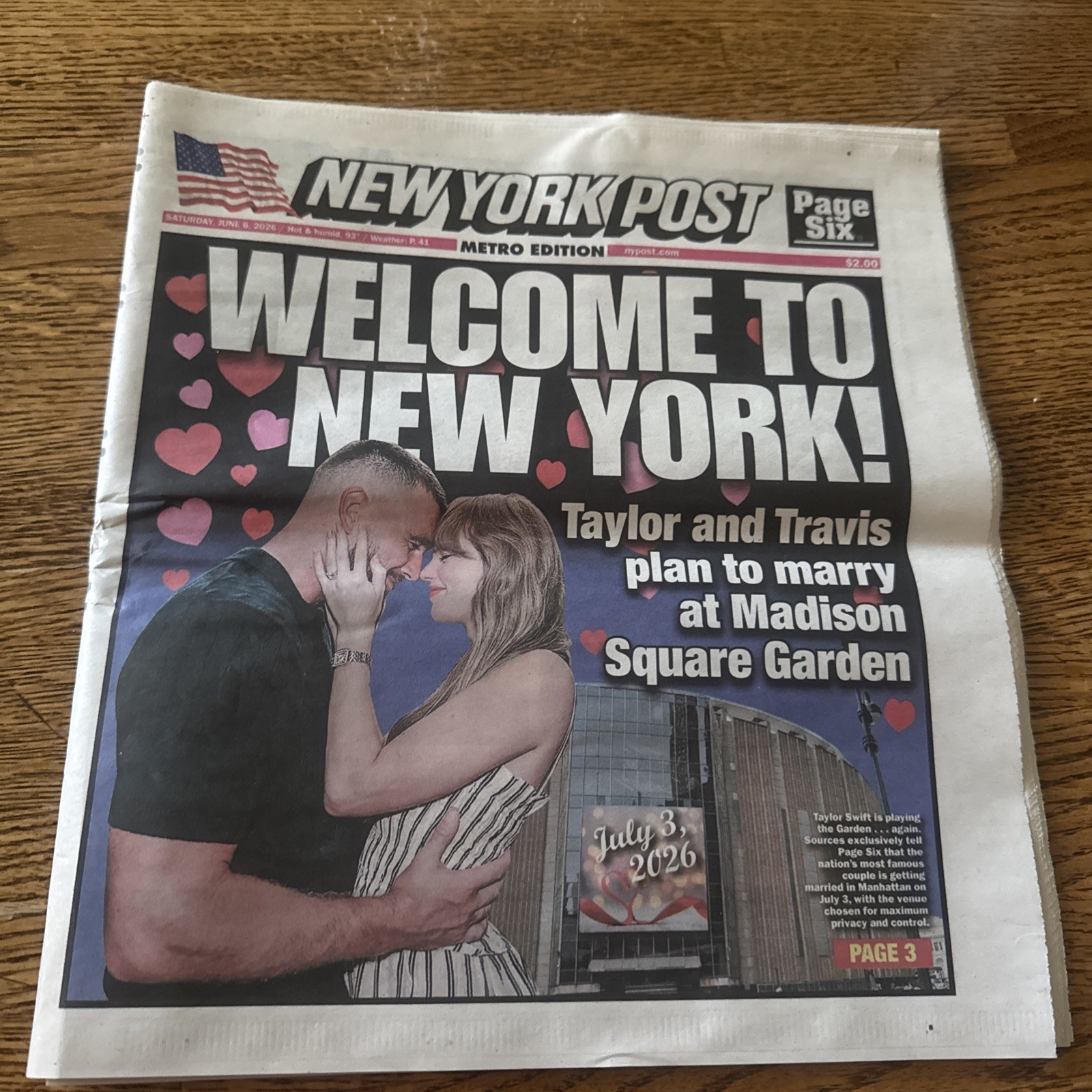 Welcome To New York Taylor Swift Travis Kelce MSG Post Newspaper 6/6/26