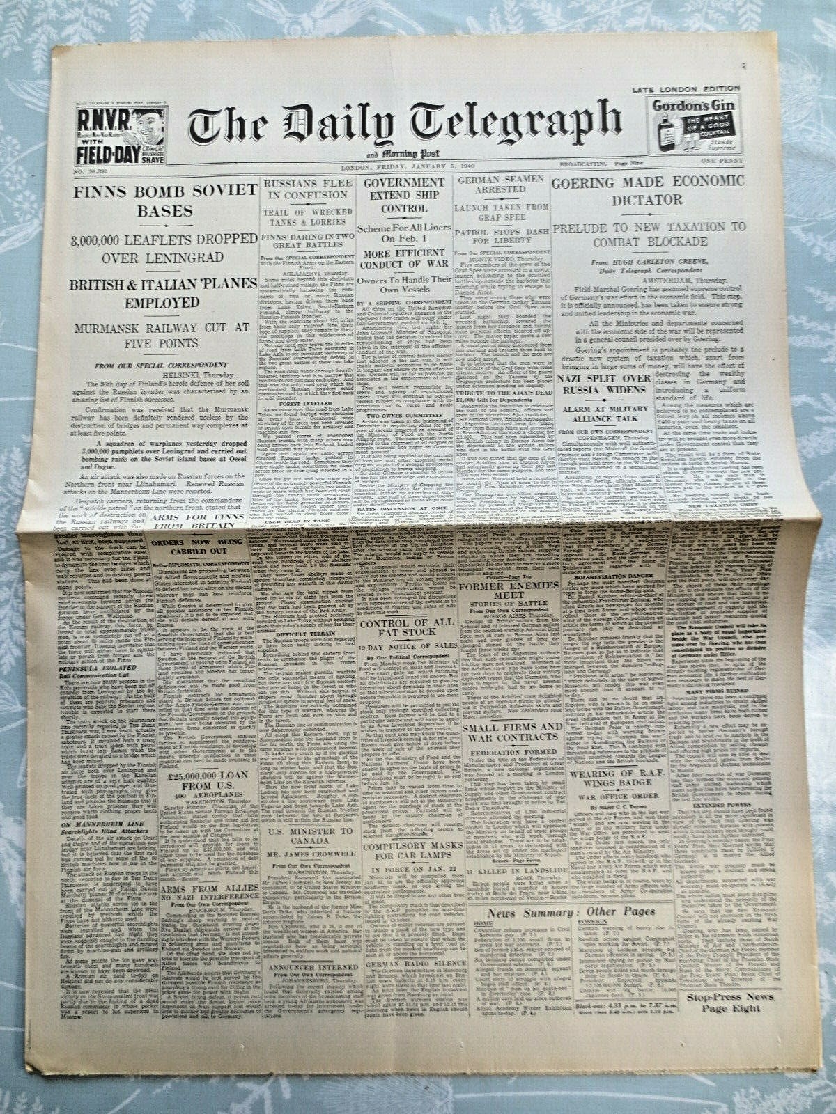 WW2 Newspaper FINNS BOMB SOVIET BASES Goering January 5 1940 Daily Telegraph