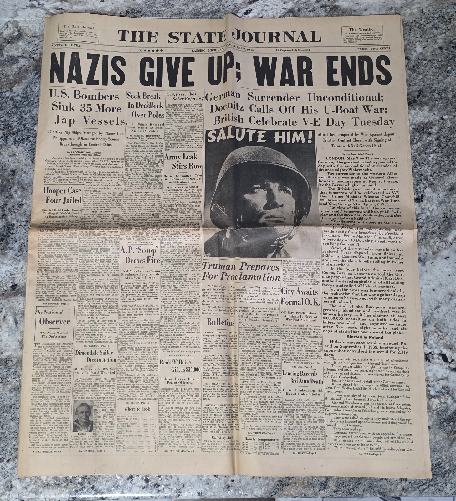 VE DAY MAY 7 Th 1945, The State Journal, Lansing, Newspaper