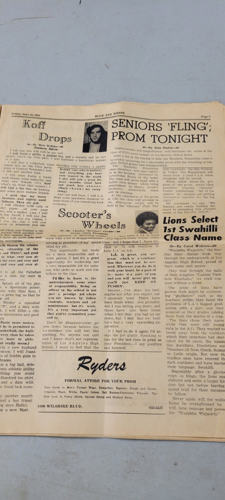 Vintage Rare 1970 LA High School Americana Wassimba Wajasiris Black Newspaper