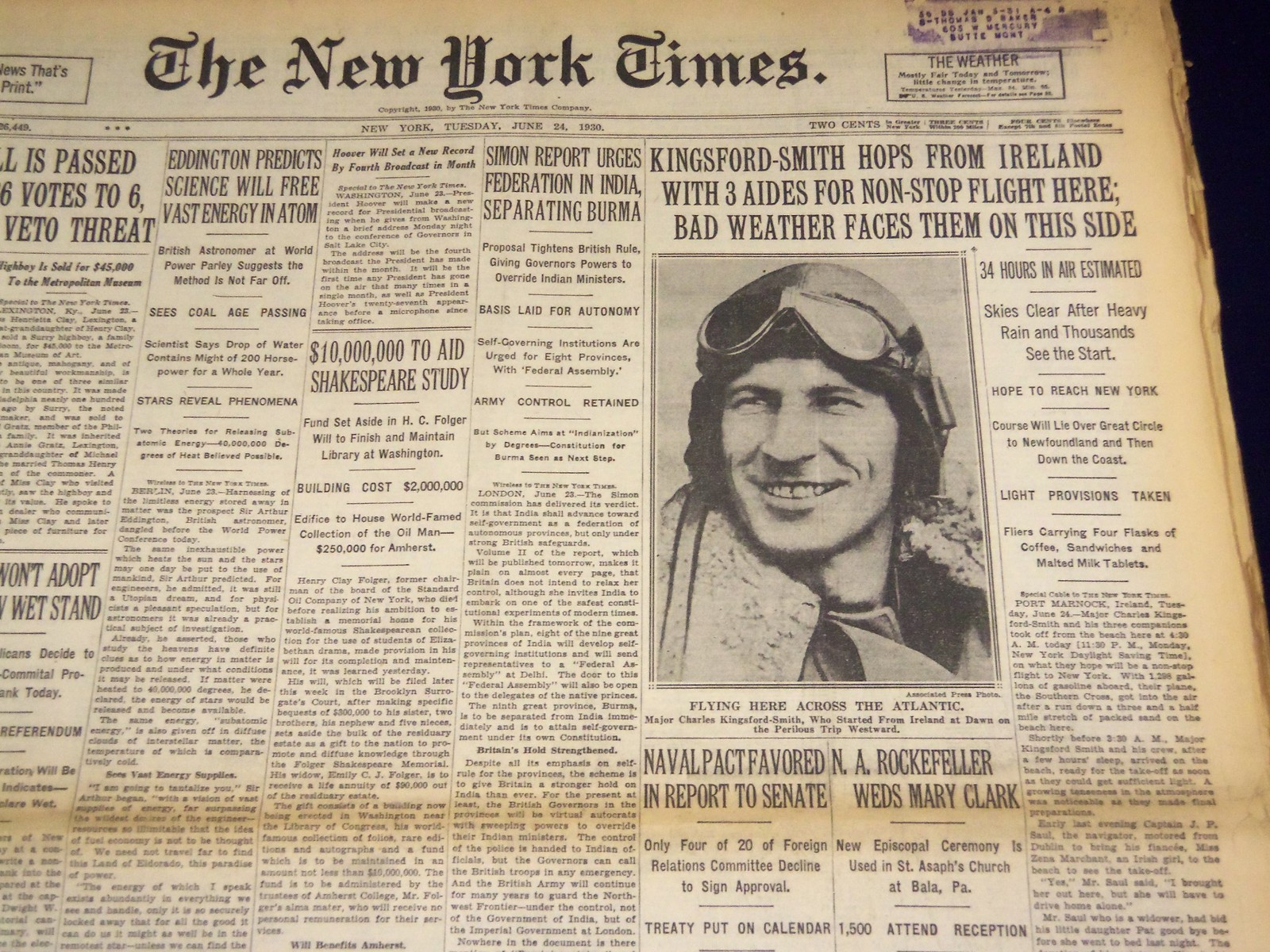 1930 JUNE 24 NEW YORK TIMES – KINGSFORD-SMITH HOPS IRELAND ON FLIGHT – NT 1664