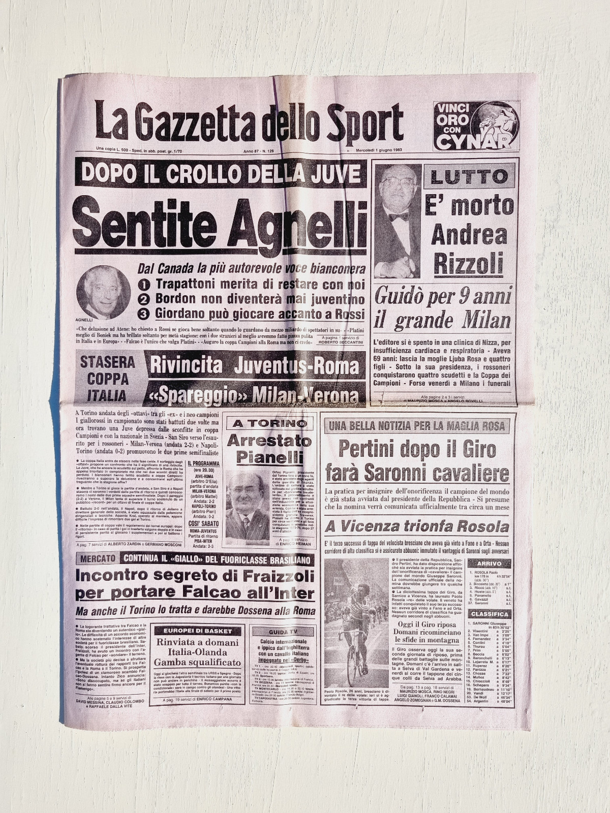GAZZETTA DELLO SPORT 1 JUNE 1983 DEATH ANDREA RIZZOLI MILAN – PAOLO ROSOLA