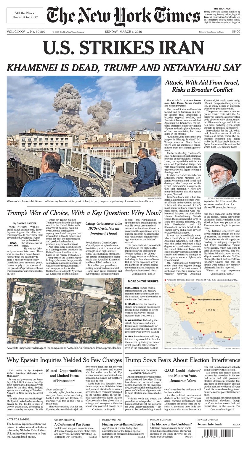 US STRIKES BOMB IRAN AYATOLLAH KHAMENEI DEAD ISRAEL TRUMP NY Times Newspaper