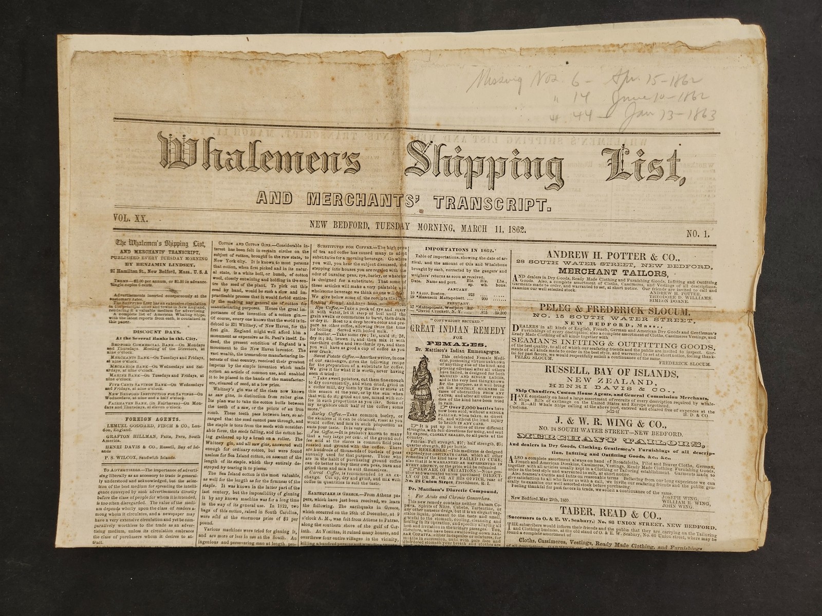 1862 antique CIVIL WAR WHALEMEN’S SHIPPING LIST NEWS new bedford M11 sperm whale