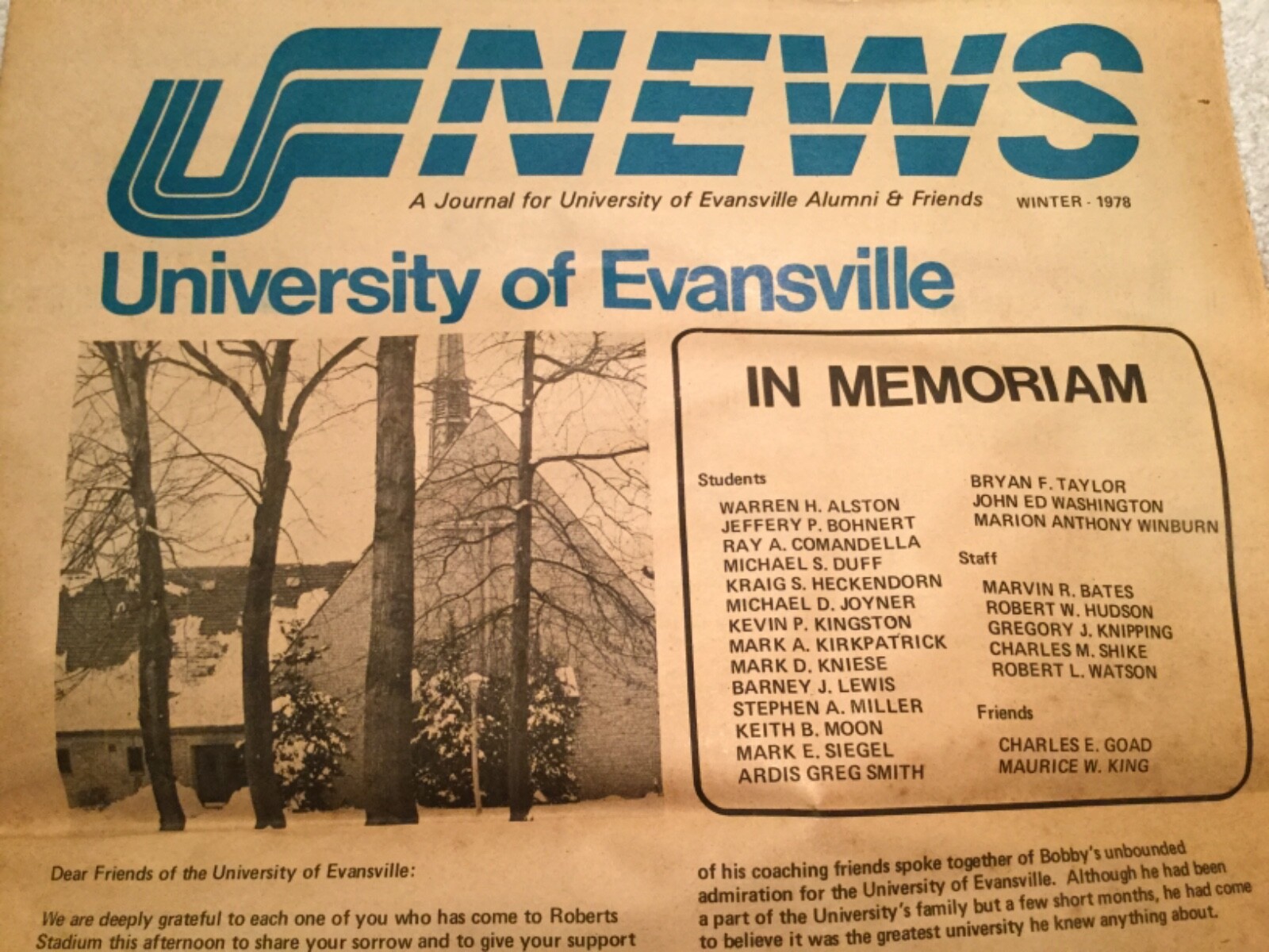 1977 University of Evansville Newspaper In Memoriam Basketball Team Plane Crash