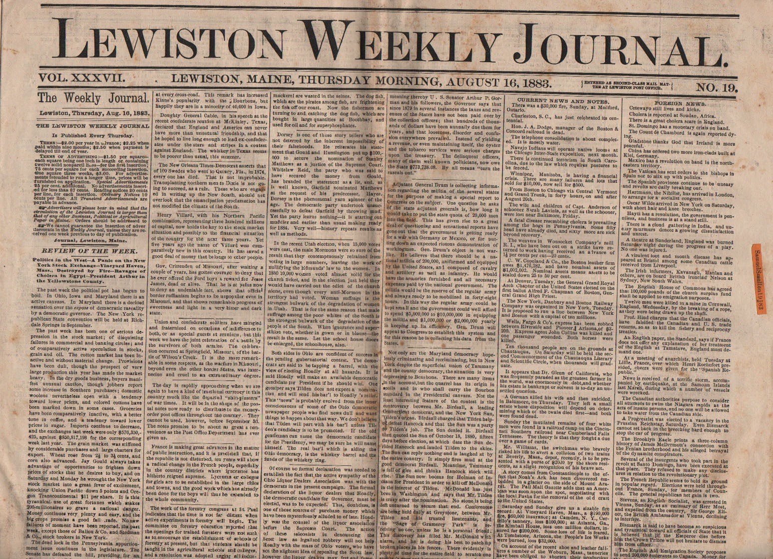 1883 Original Newspaper Lewiston Weekly Journal Lewiston Maine ME Aug 16, 1883